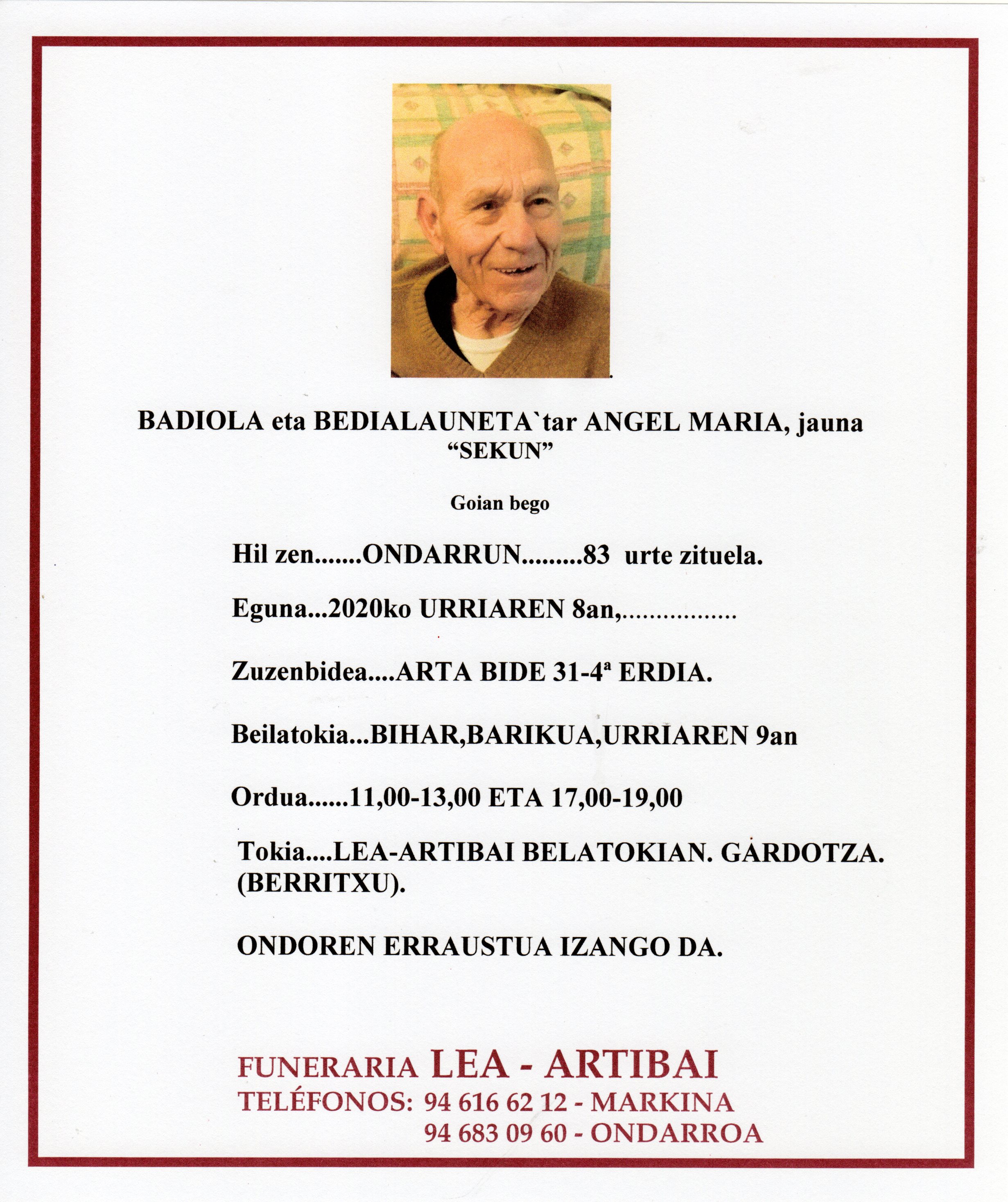 Esquela de Angel Maria Badiola Bedialauneta