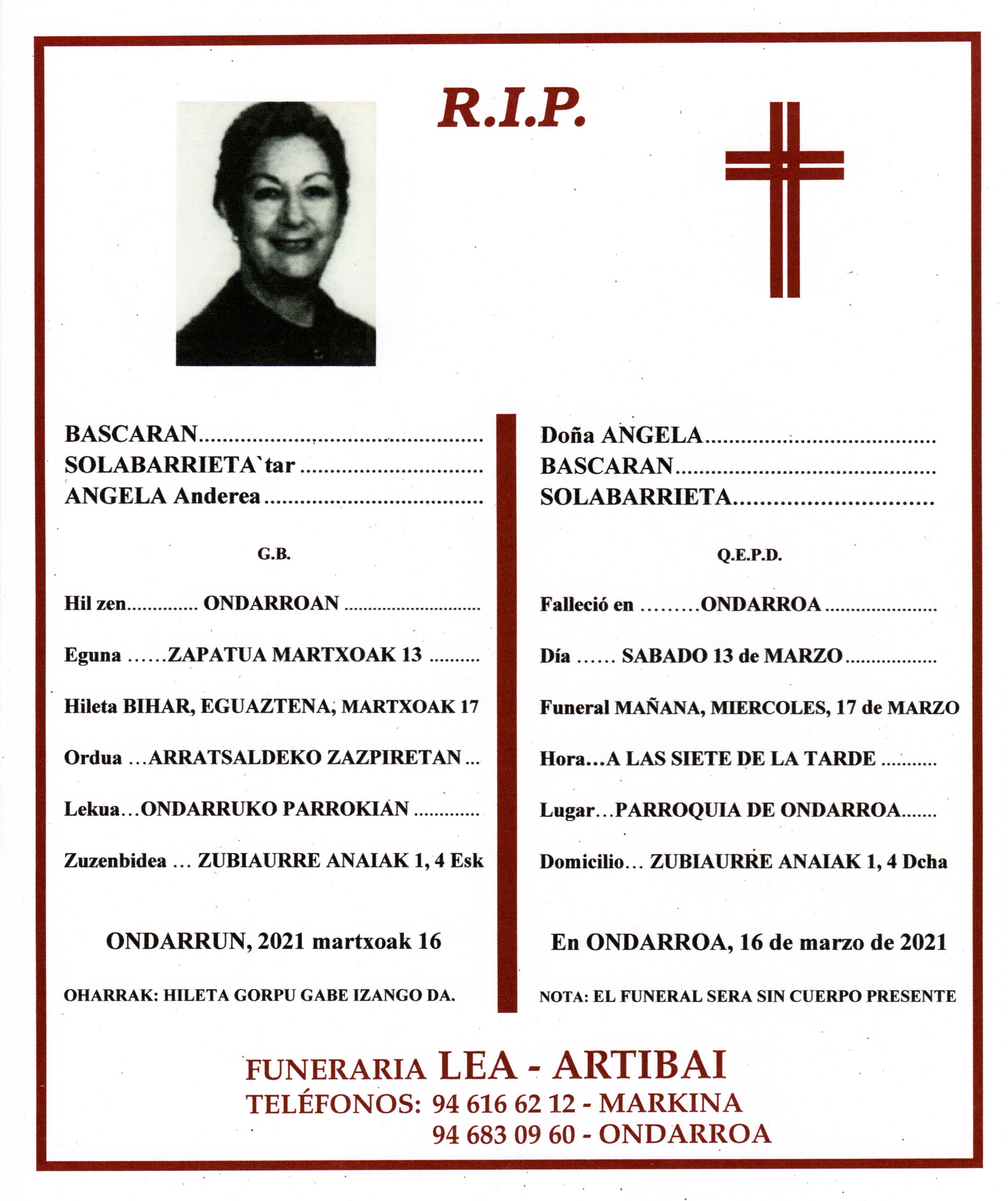 Esquela de Angela Baskaran Solabarrieta