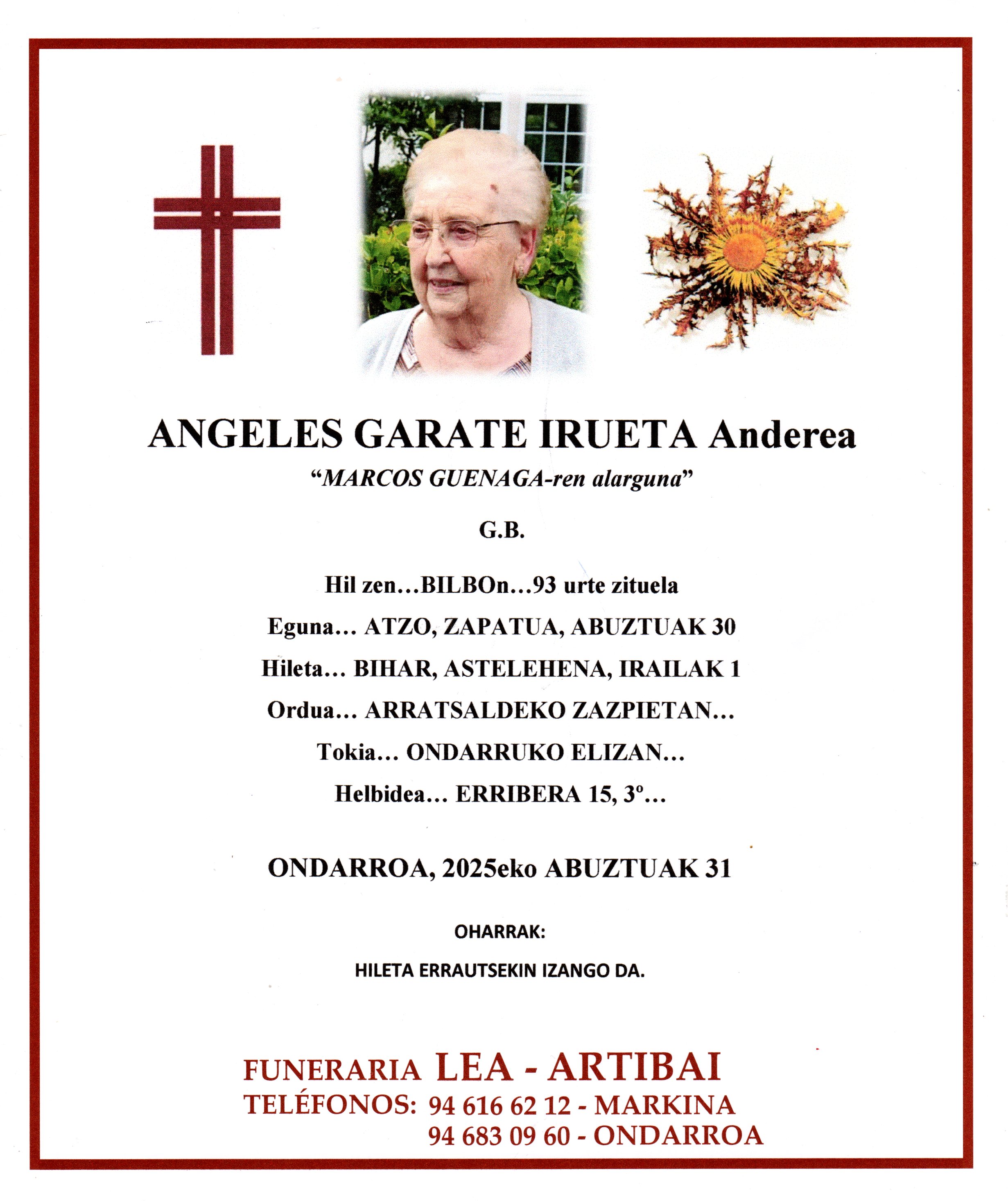Esquela de Angeles Garate Irueta