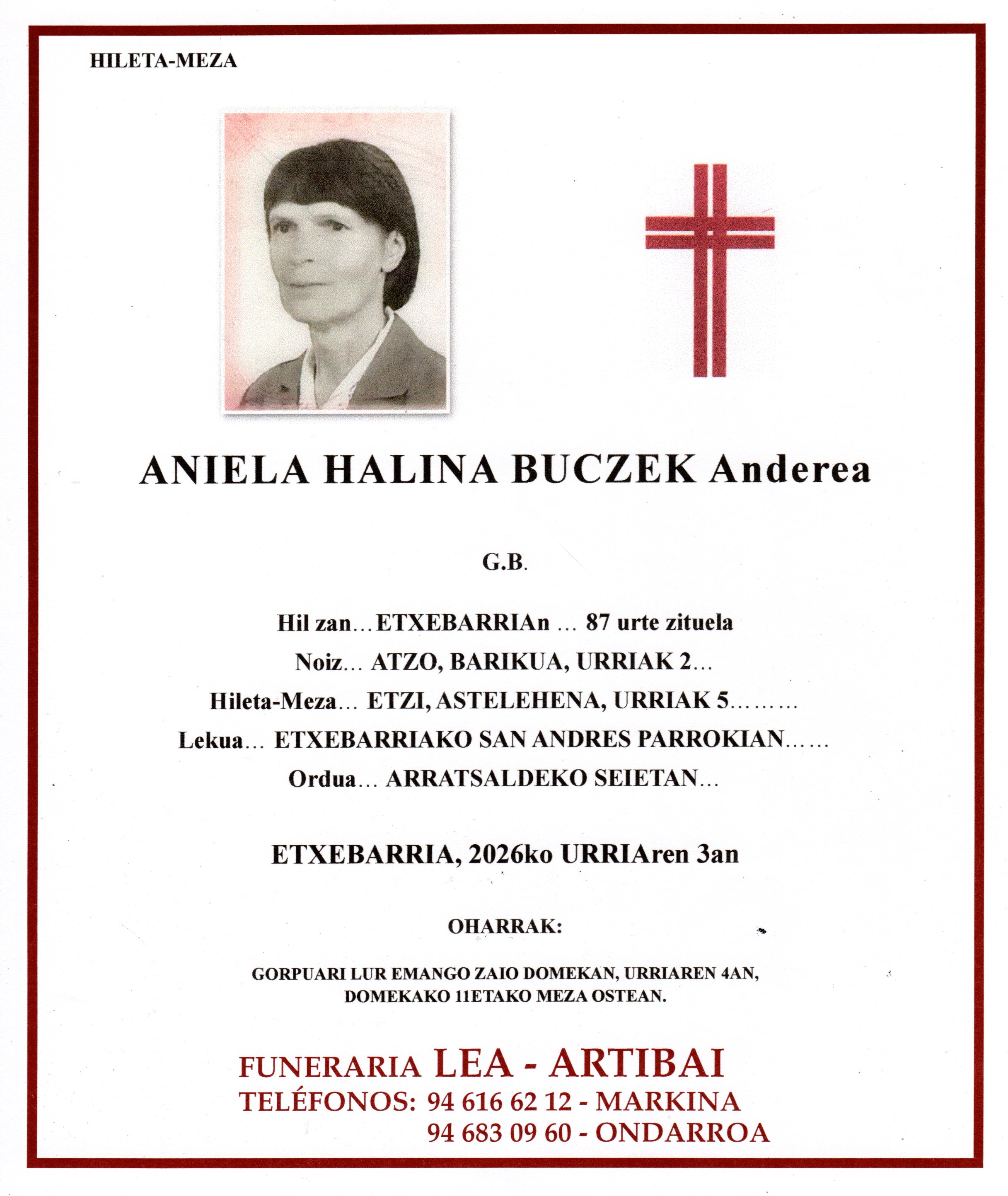 Esquela de Aniela Halina Buczek