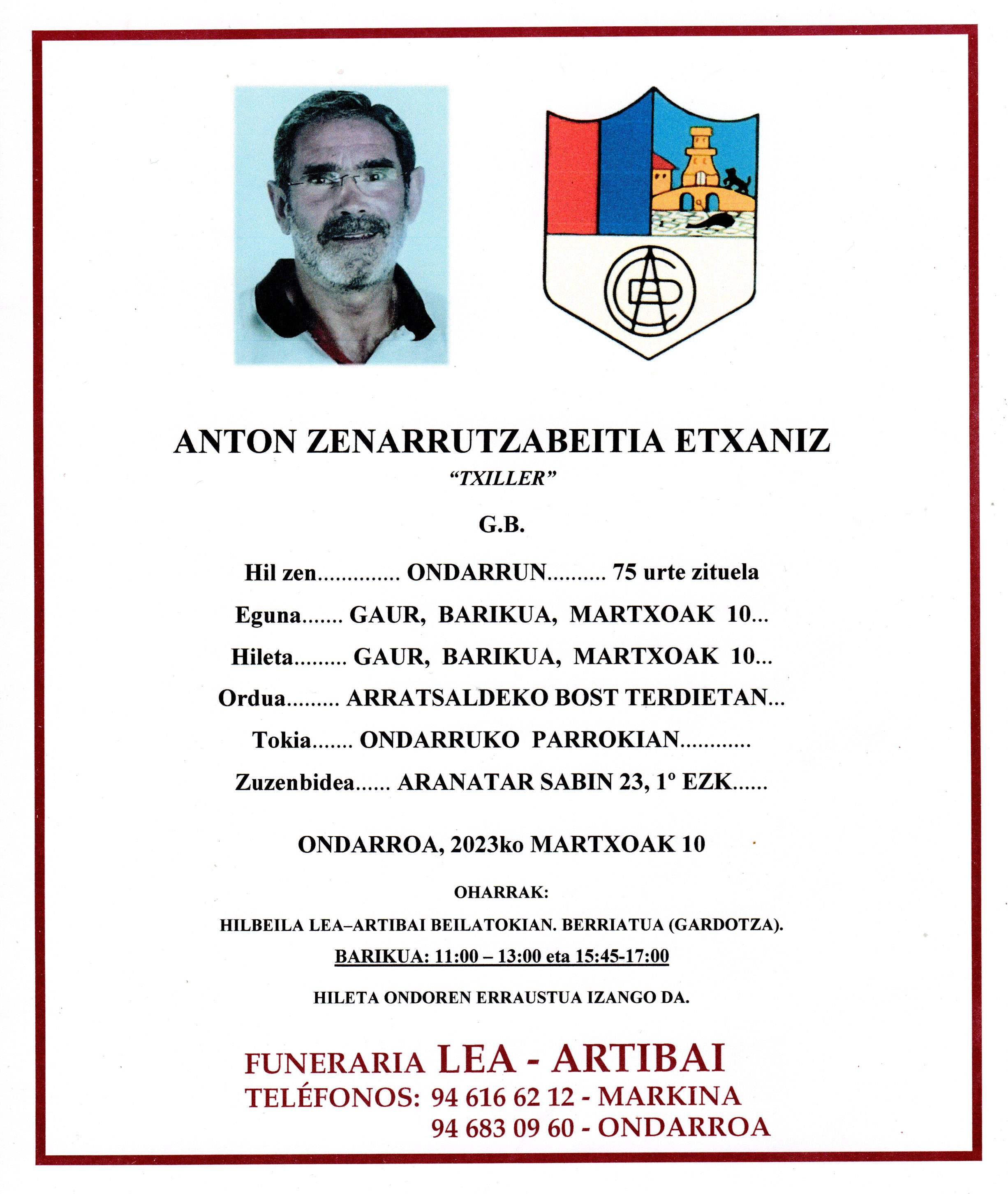 Esquela de Anton Zenarruzabeitia Etxaniz
