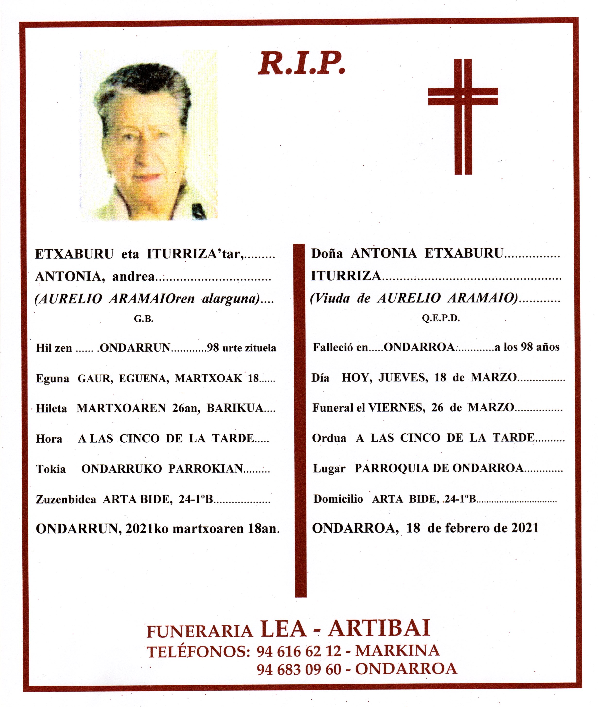 Esquela de Antonia Etxaburu Iturriza