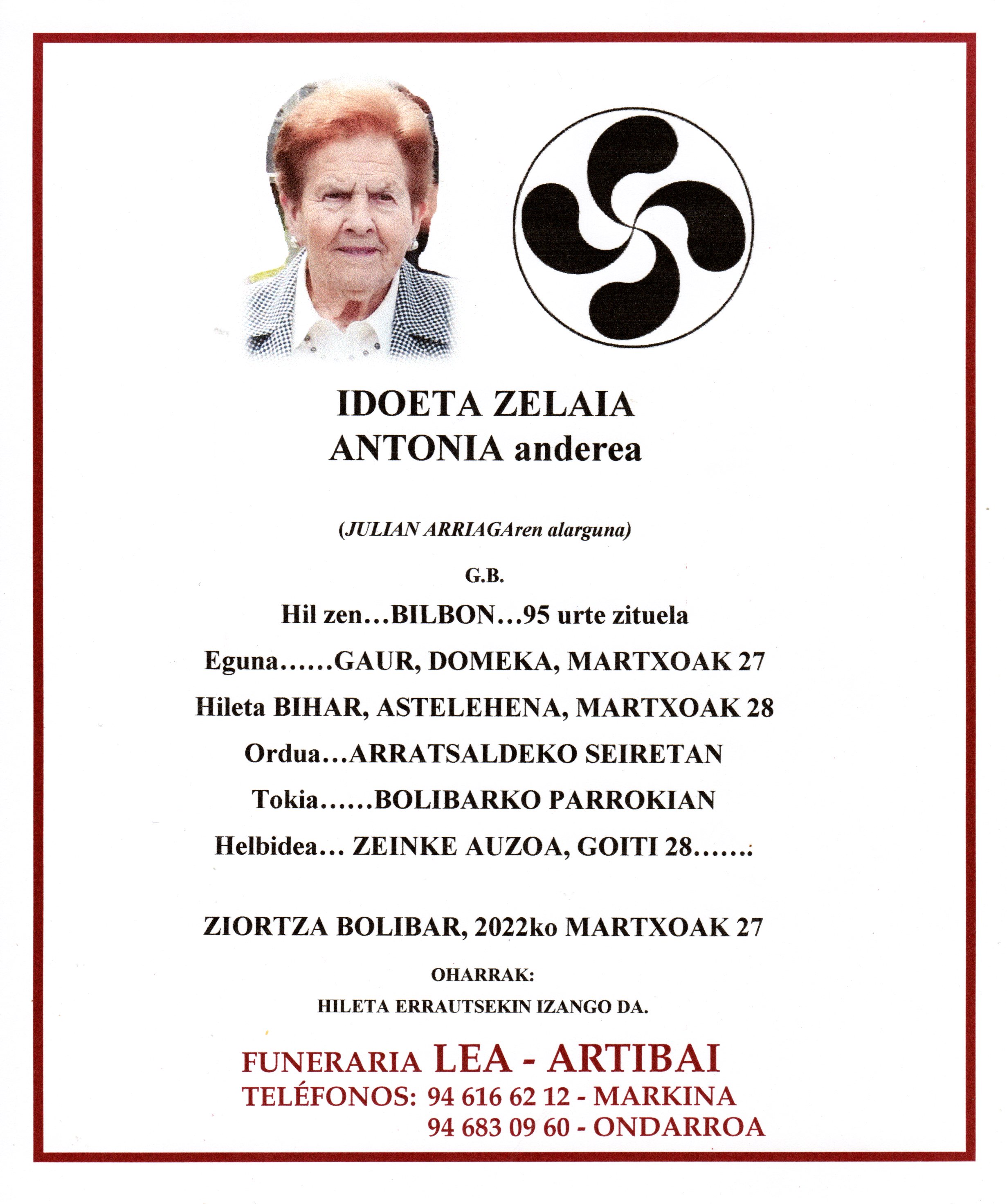 Esquela de Antonia Idoeta Zelaia