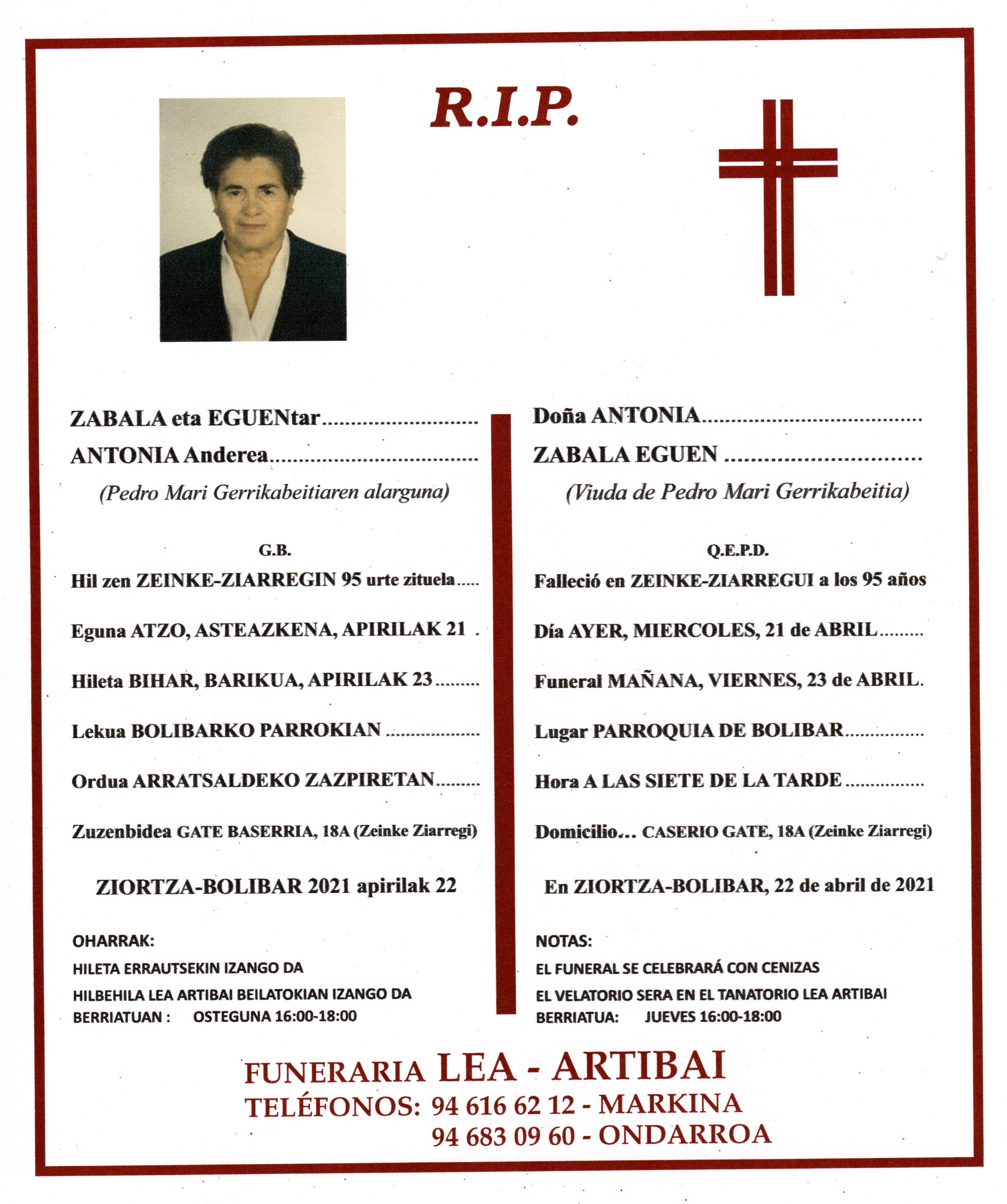 Esquela de Antonia Zabala Eguen