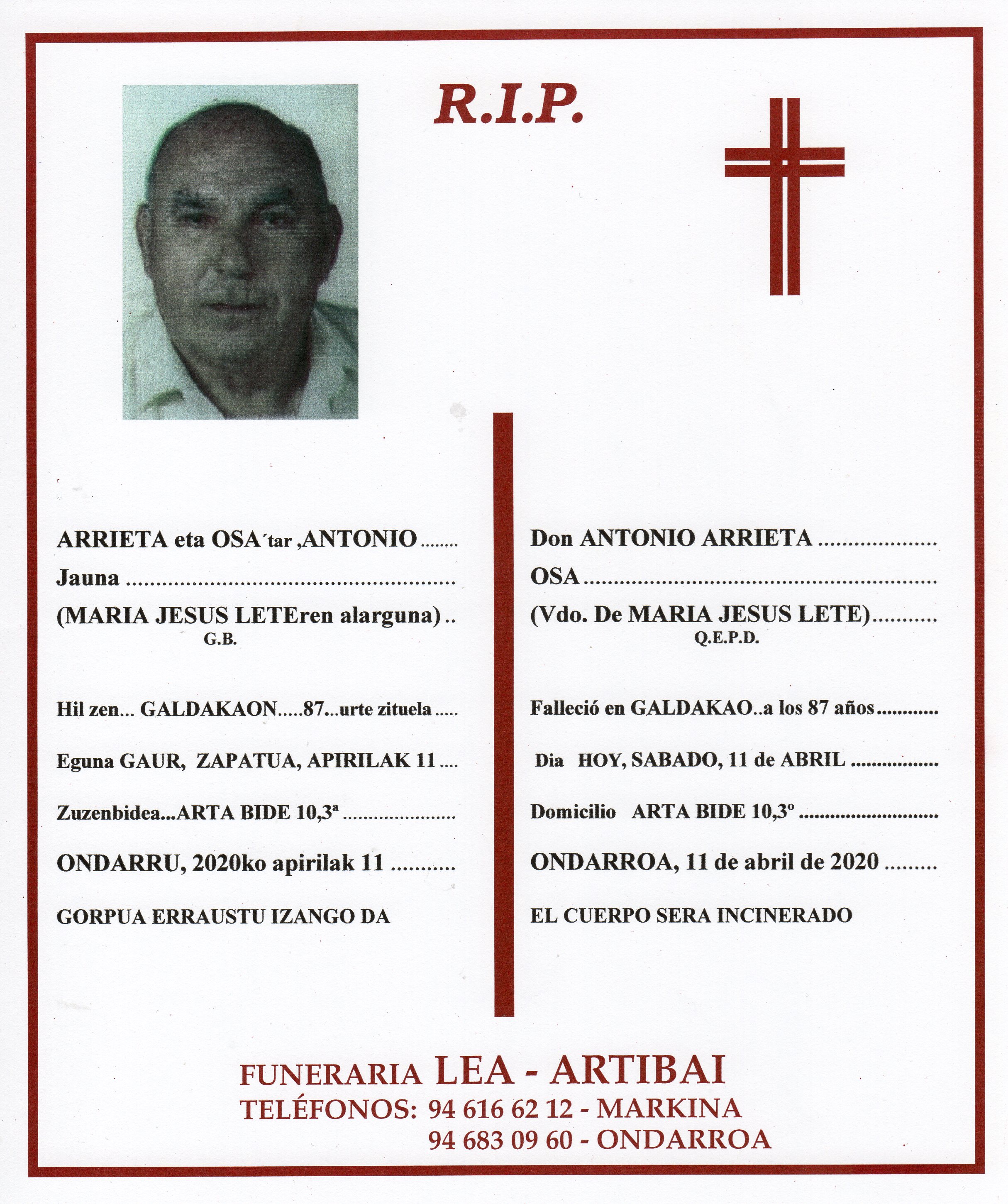 Esquela de Antonio Arrieta Osa