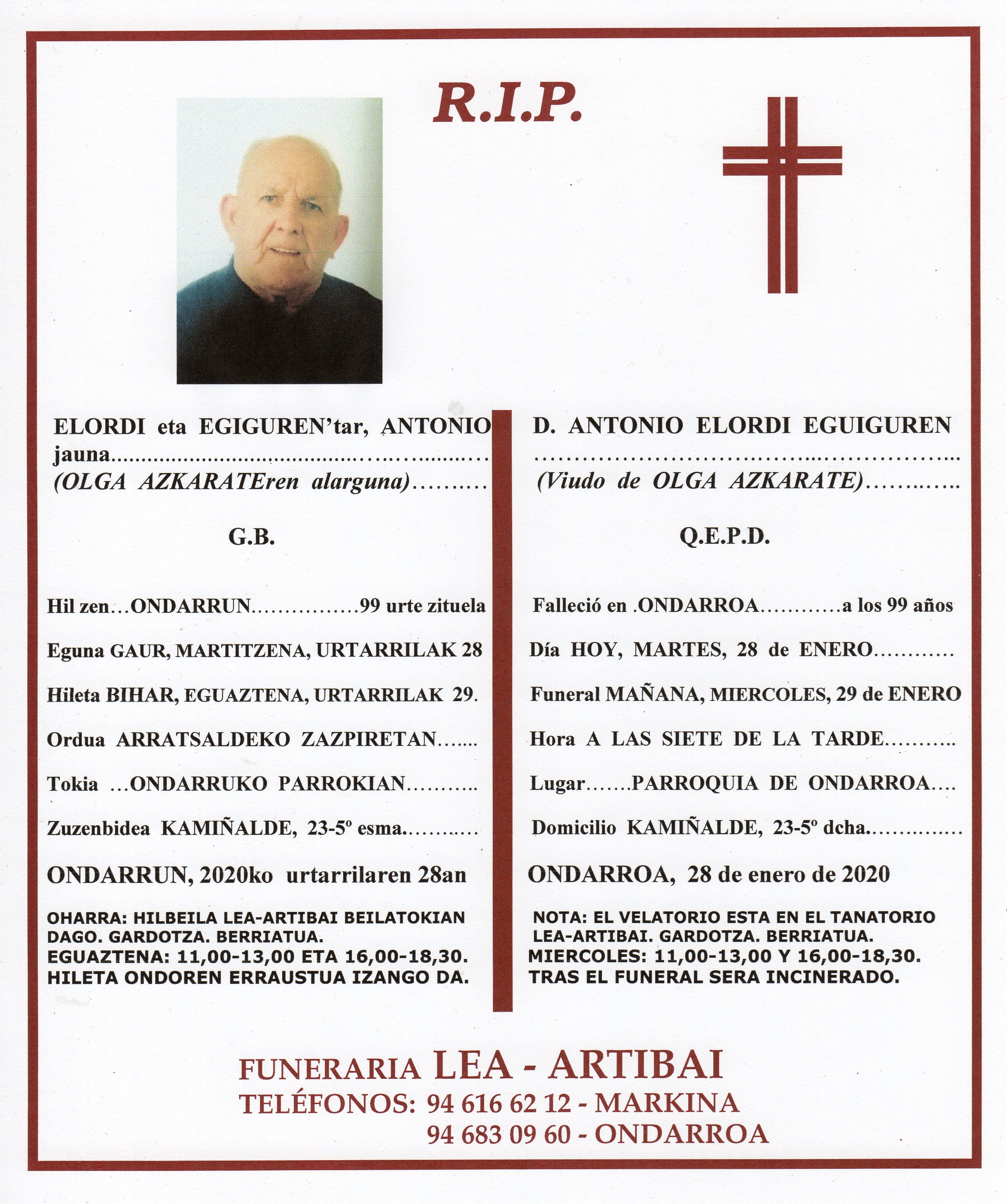 Esquela de Antonio Elordi Egiguren