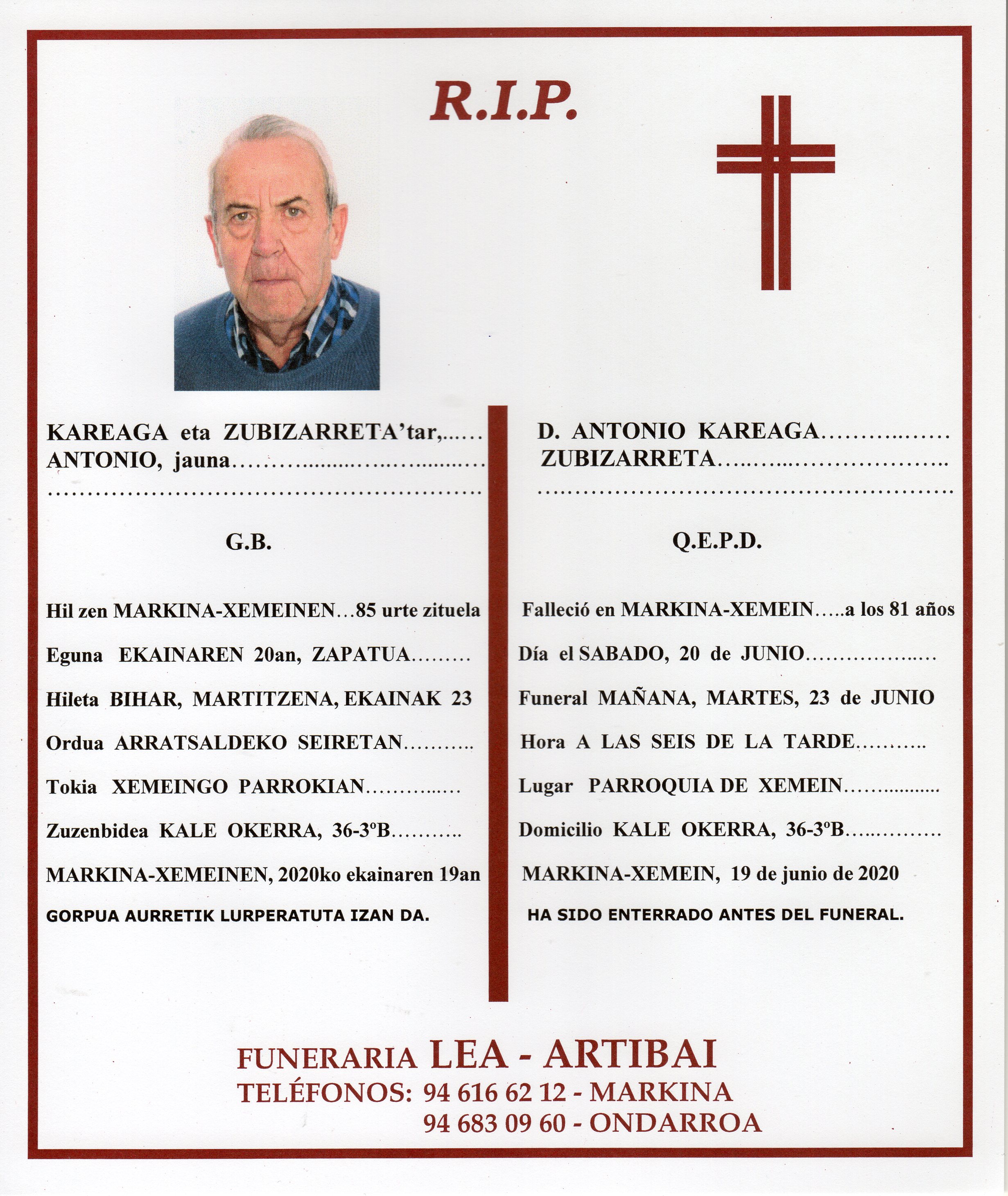 Esquela de Antonio Kareaga Zubizarreta
