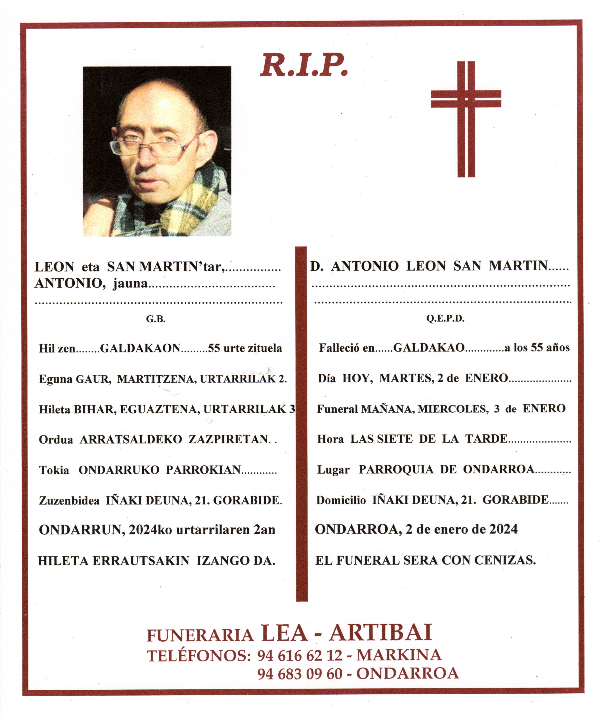 Esquela de Antonio Leon San Martin