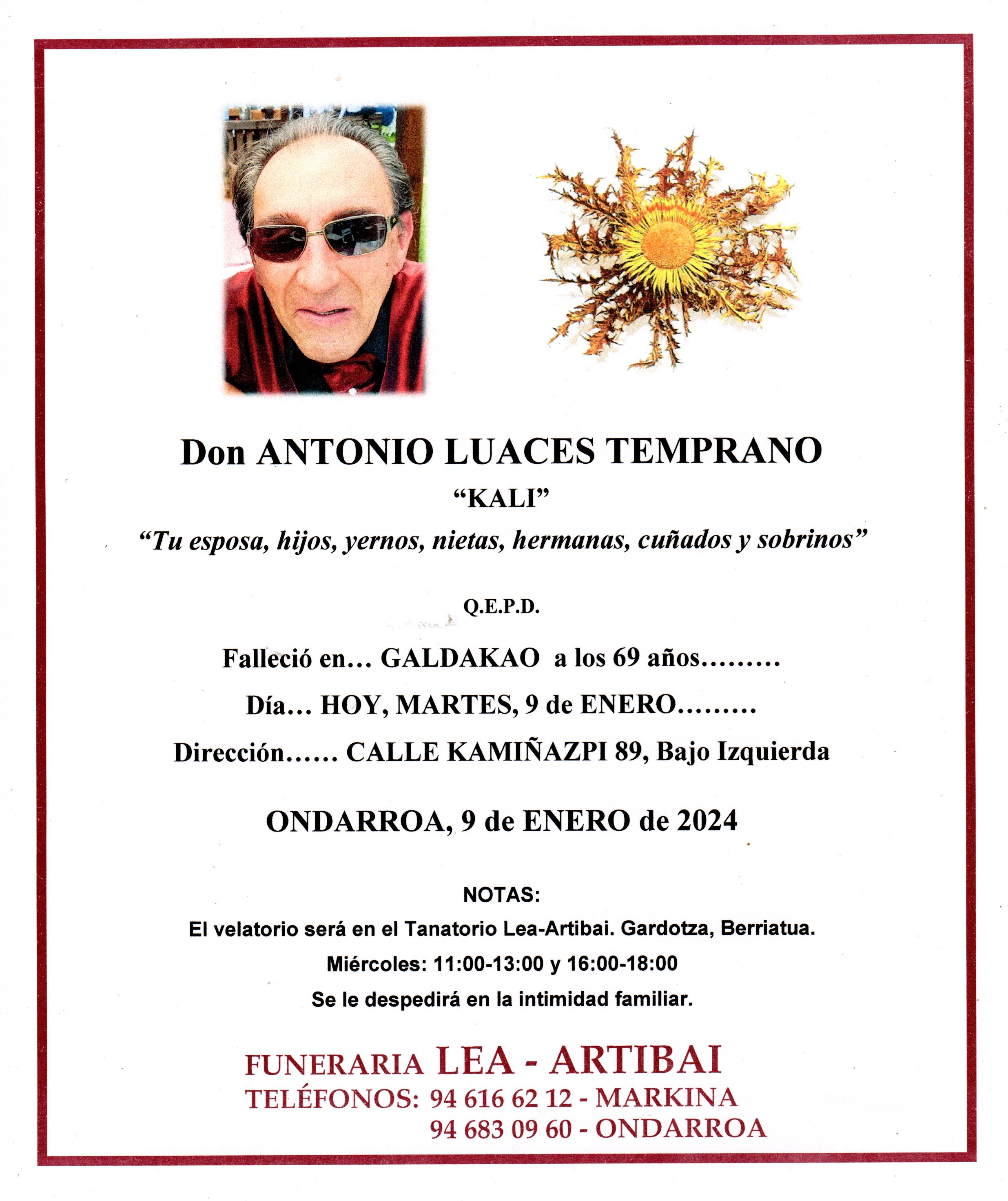 Esquela de Antonio Luaces Temprano