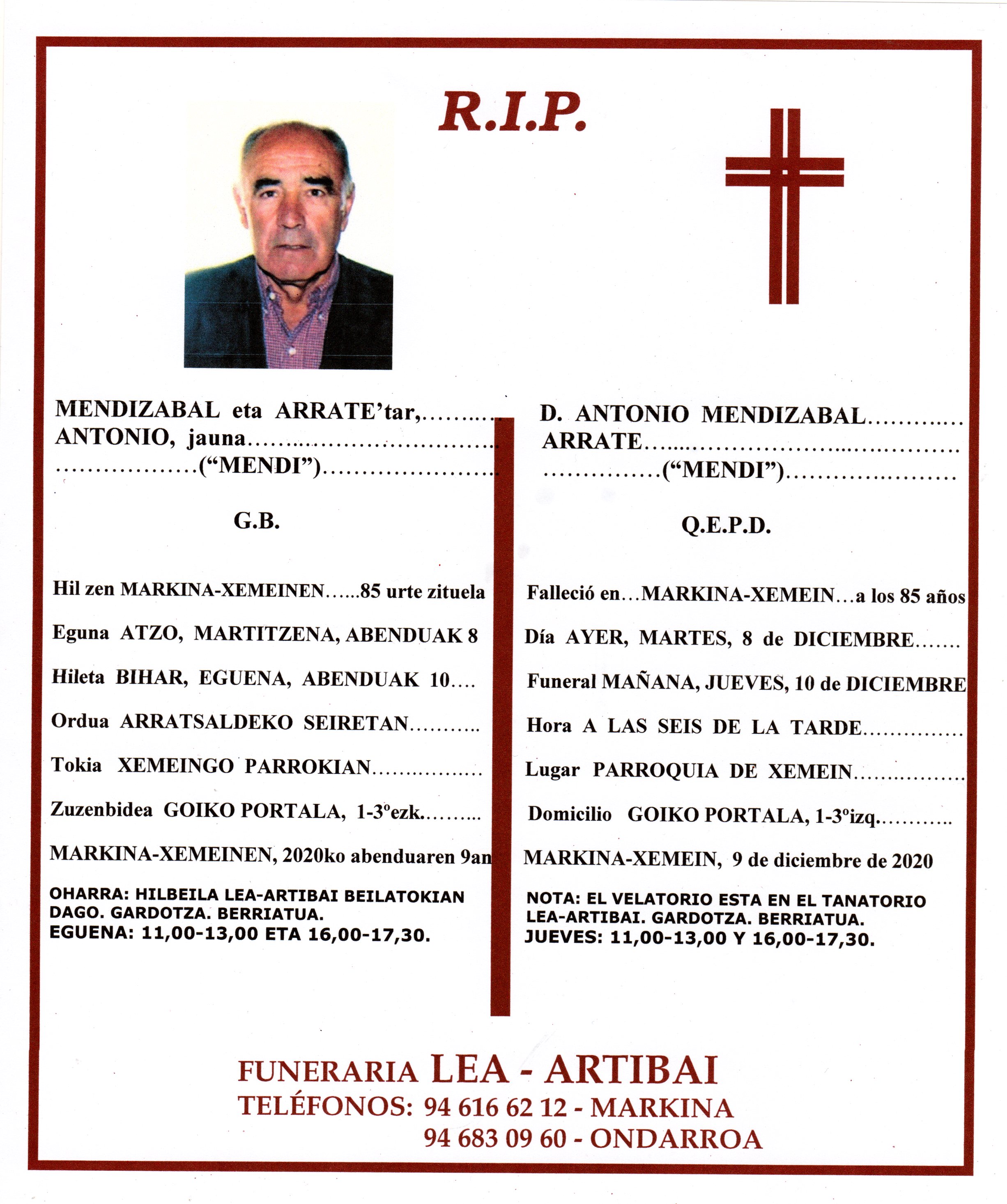 Esquela de Antonio Mendizabal Arrate