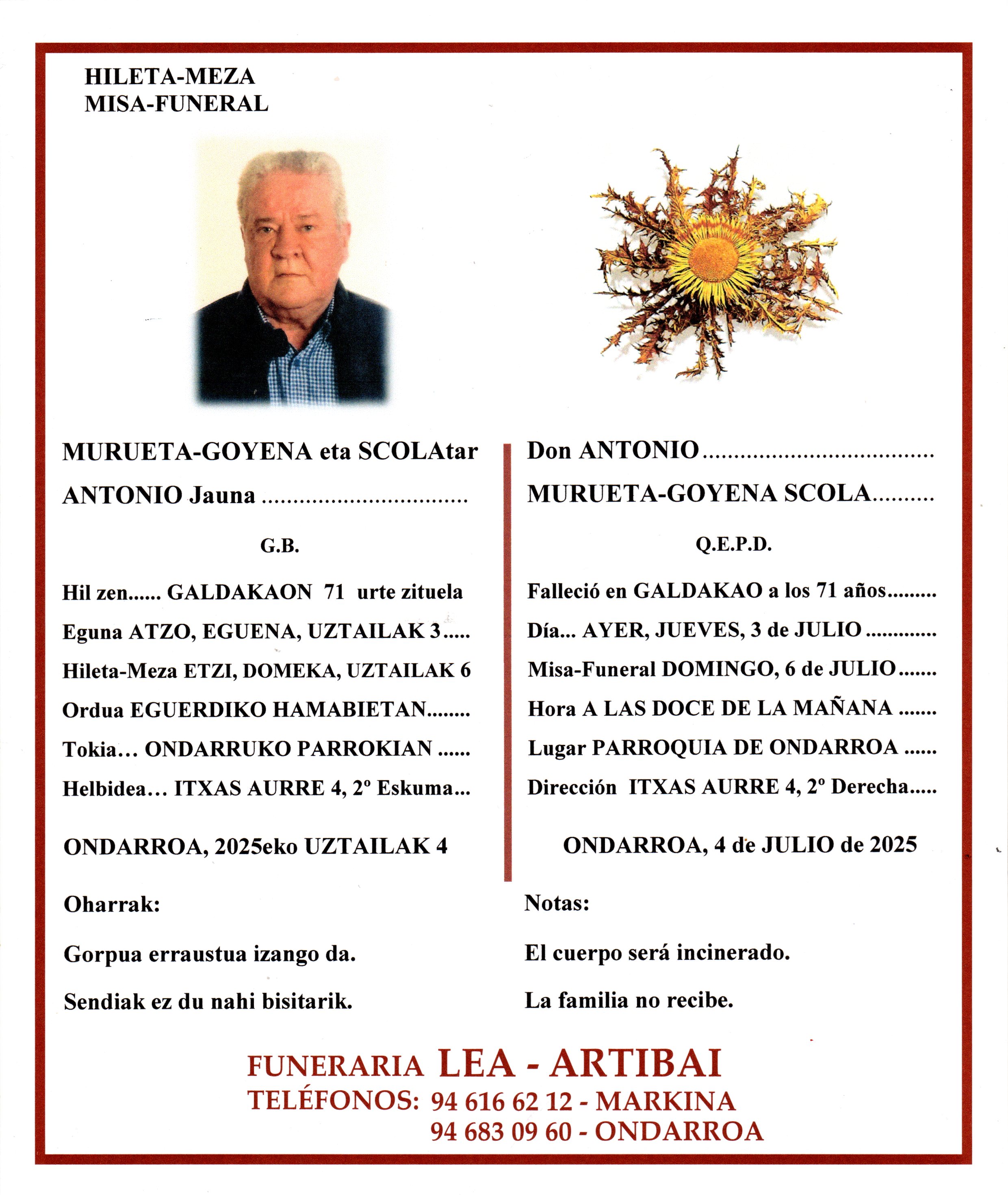 Esquela de Antonio Murueta-Goyena Scola