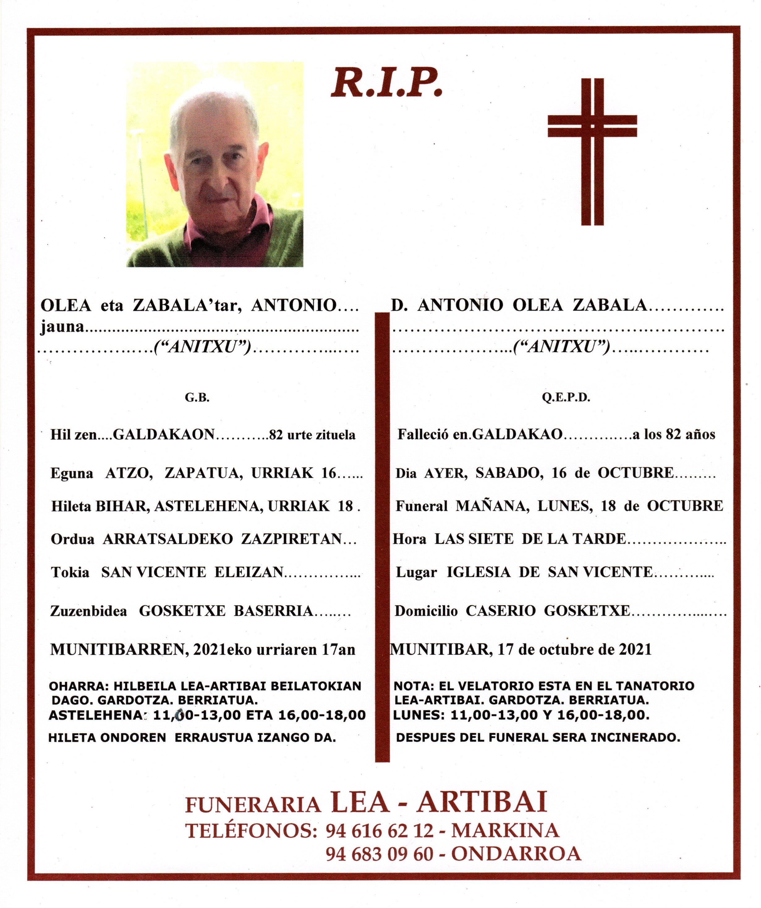 Esquela de Antonio Olea Zabala