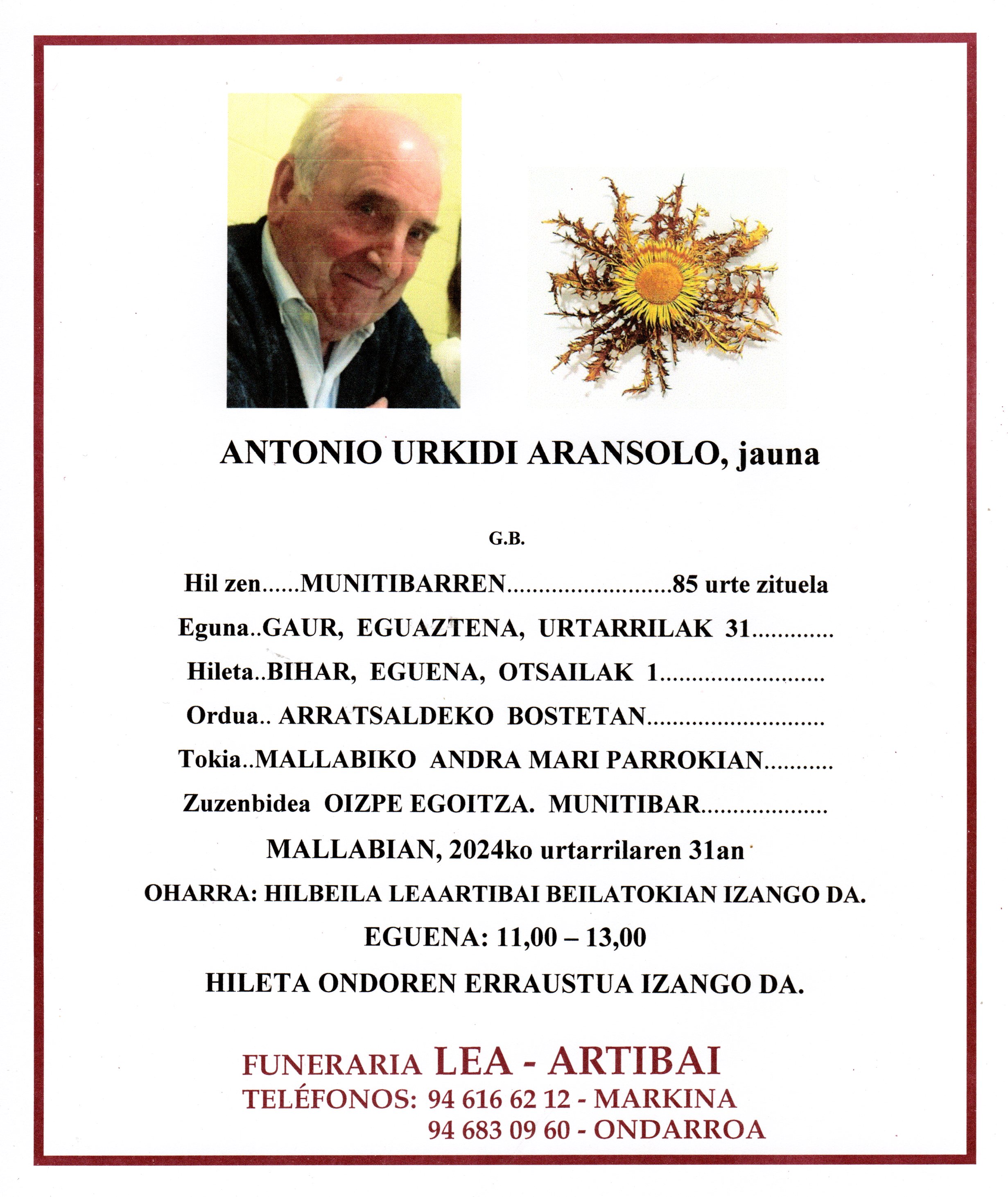 Esquela de Antonio Urkidi Aransolo
