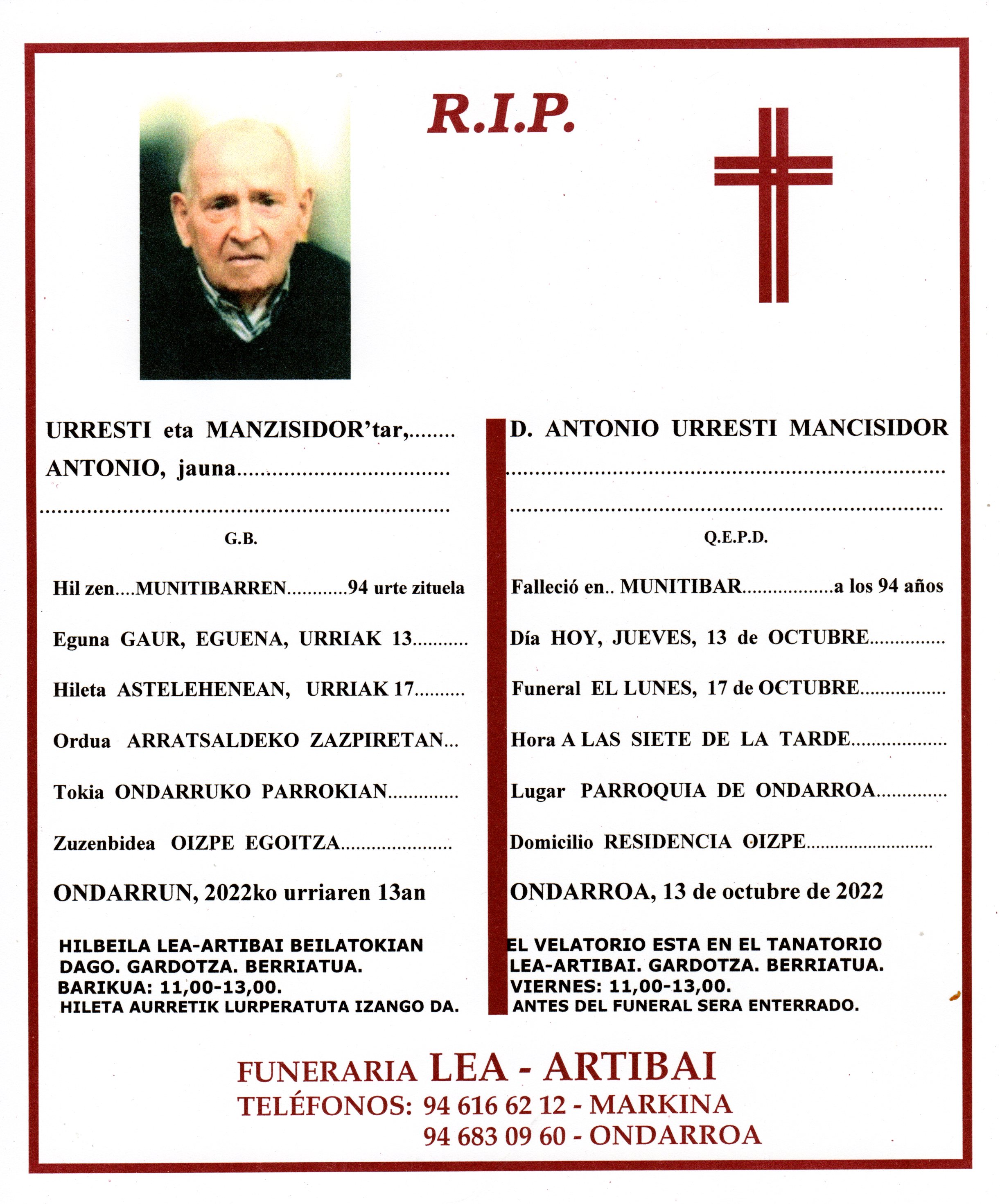 Esquela de Antonio Urresti Manzisidor
