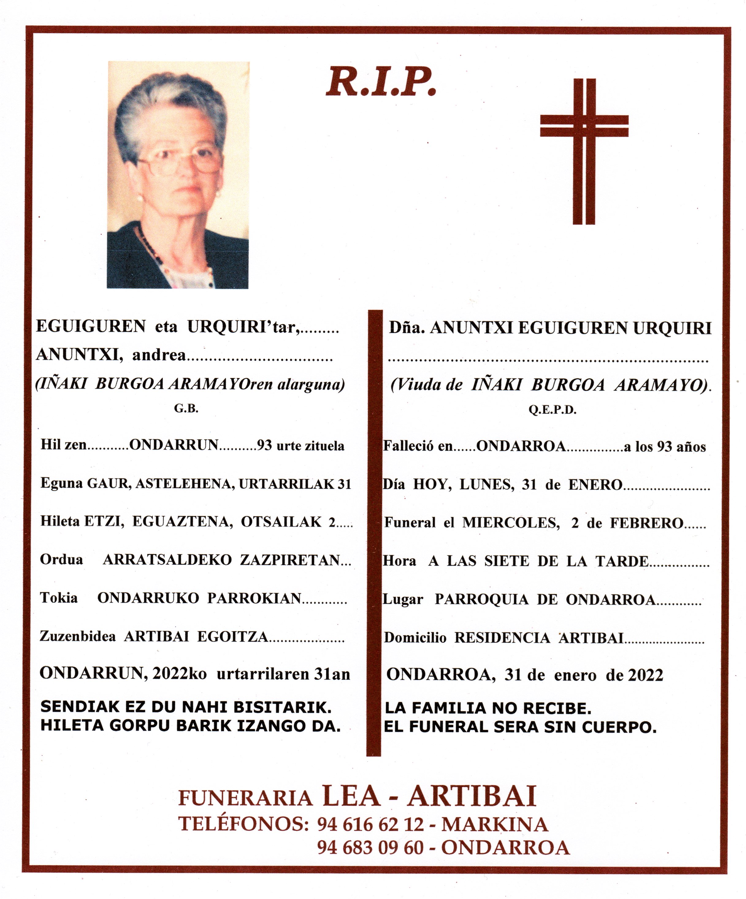 Esquela de Anuntxi Eguiguren Urqudi