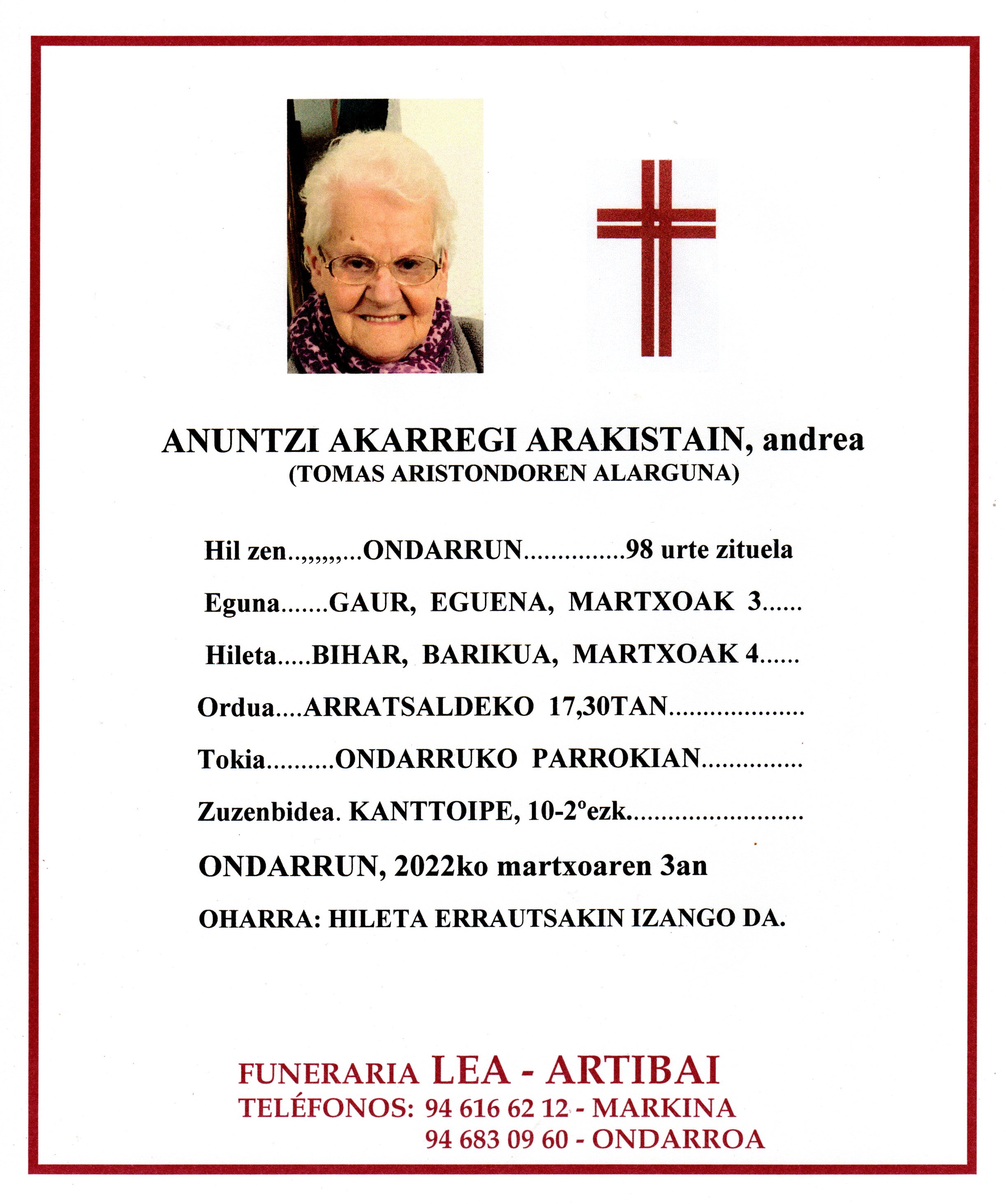 Esquela de Anuntzi Akarregi Arakistain