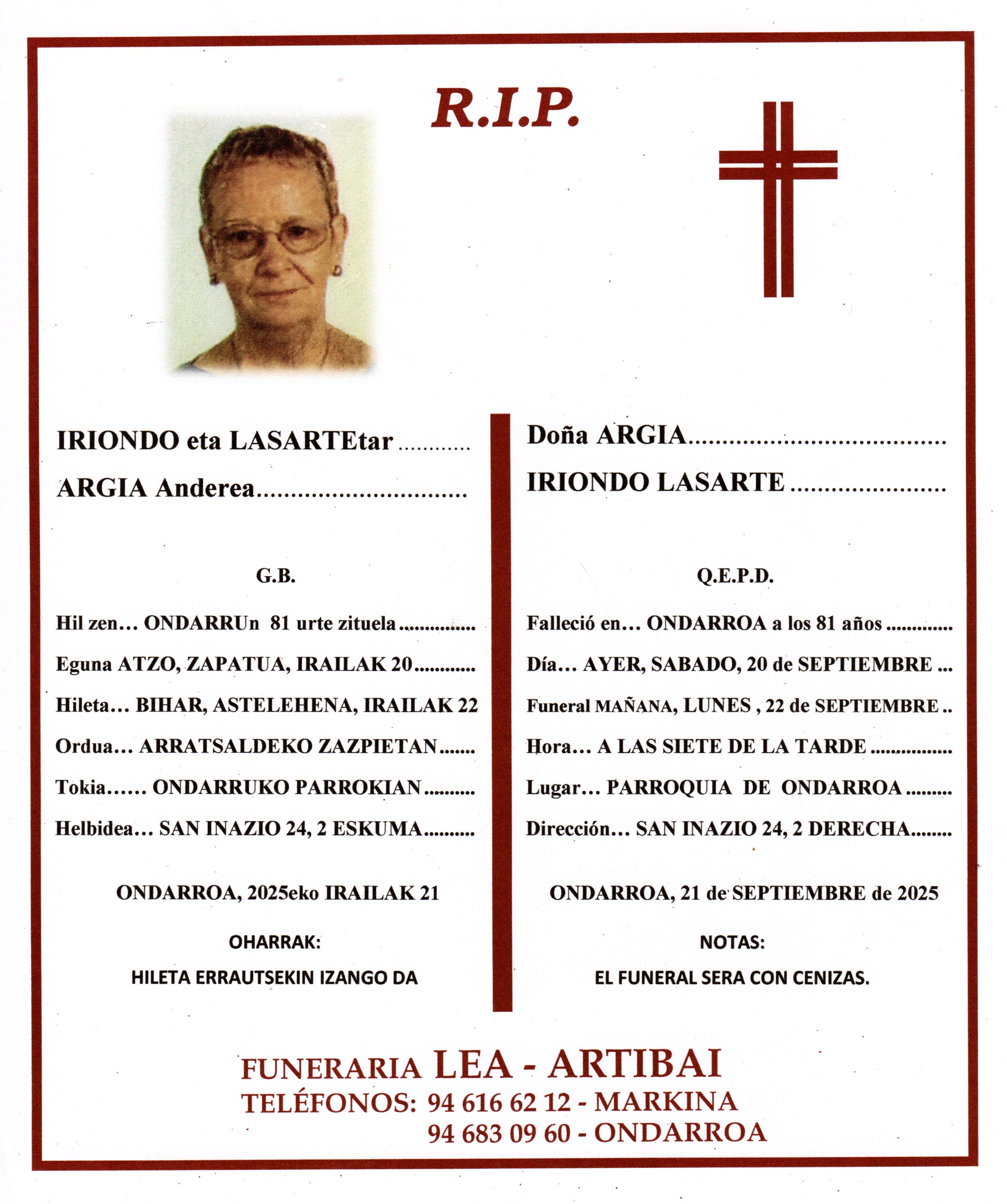 Esquela de Argia Iriondo Lasarte