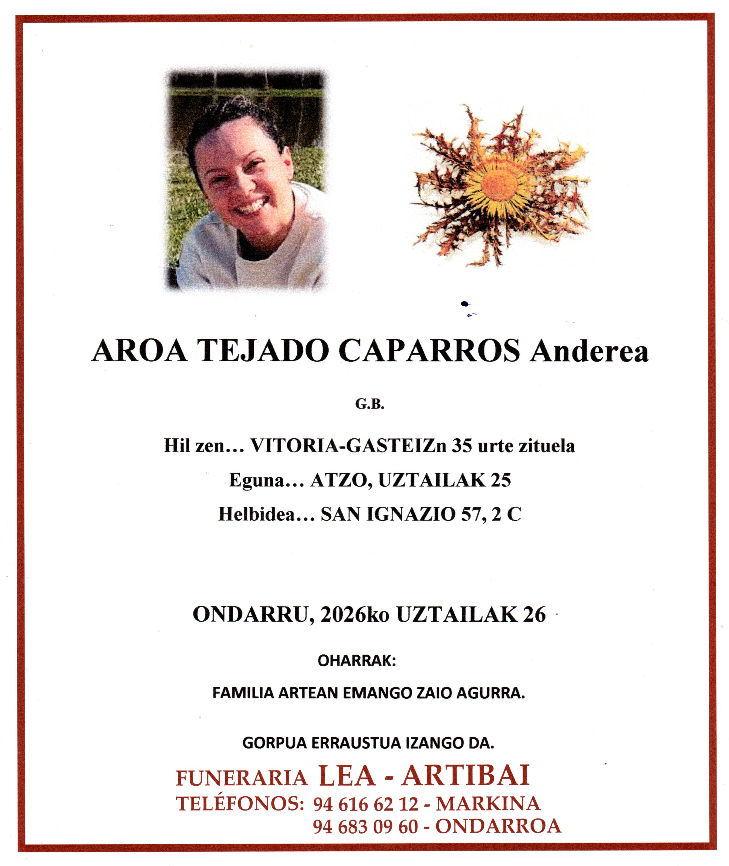 Esquela de Aroa Tejado Caparros