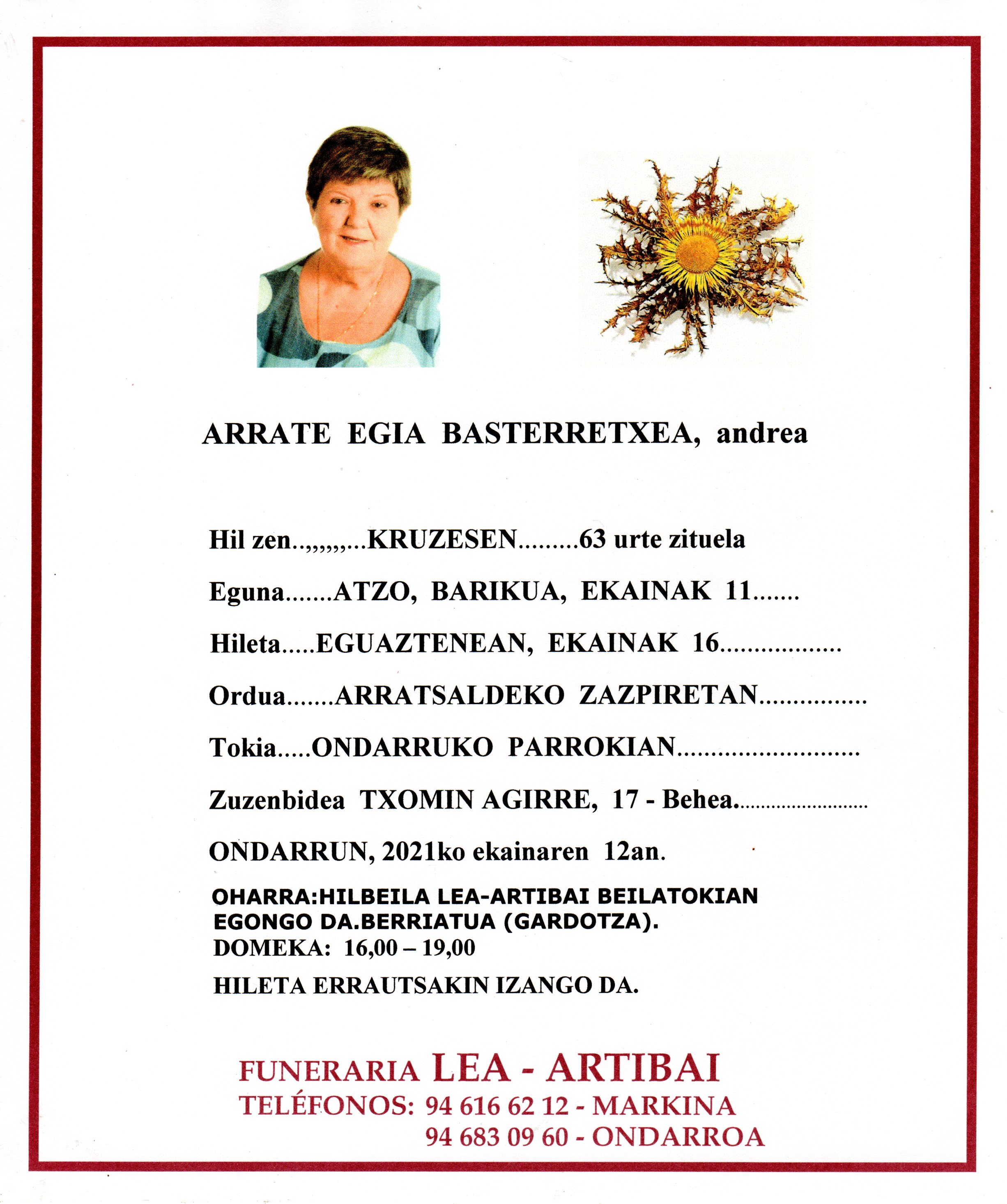 Esquela de Arrate Egia Basterretxea
