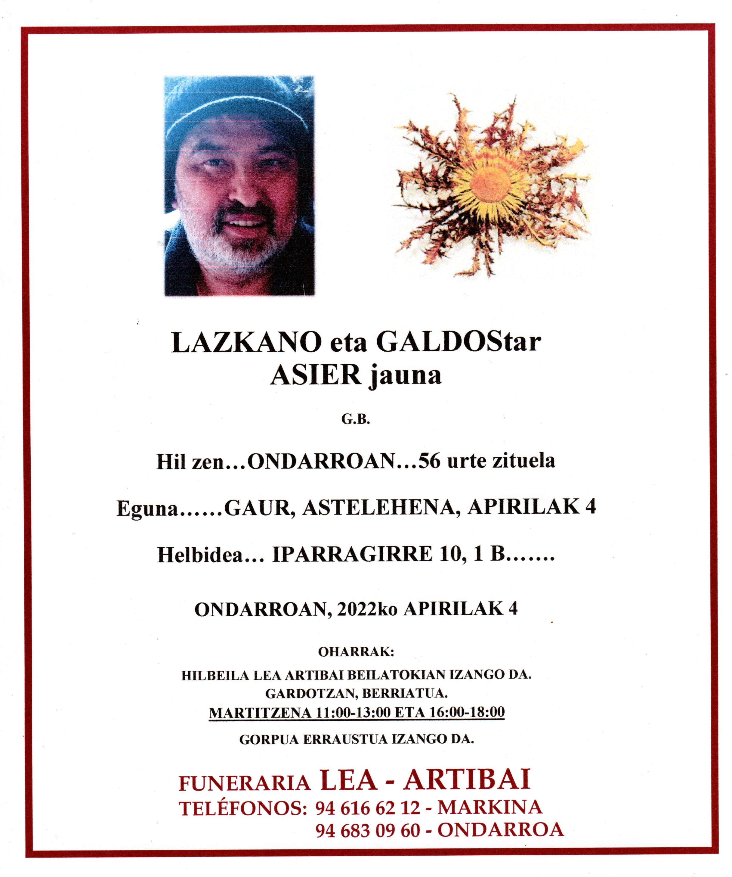 Esquela de Asier Lazkano Galdos