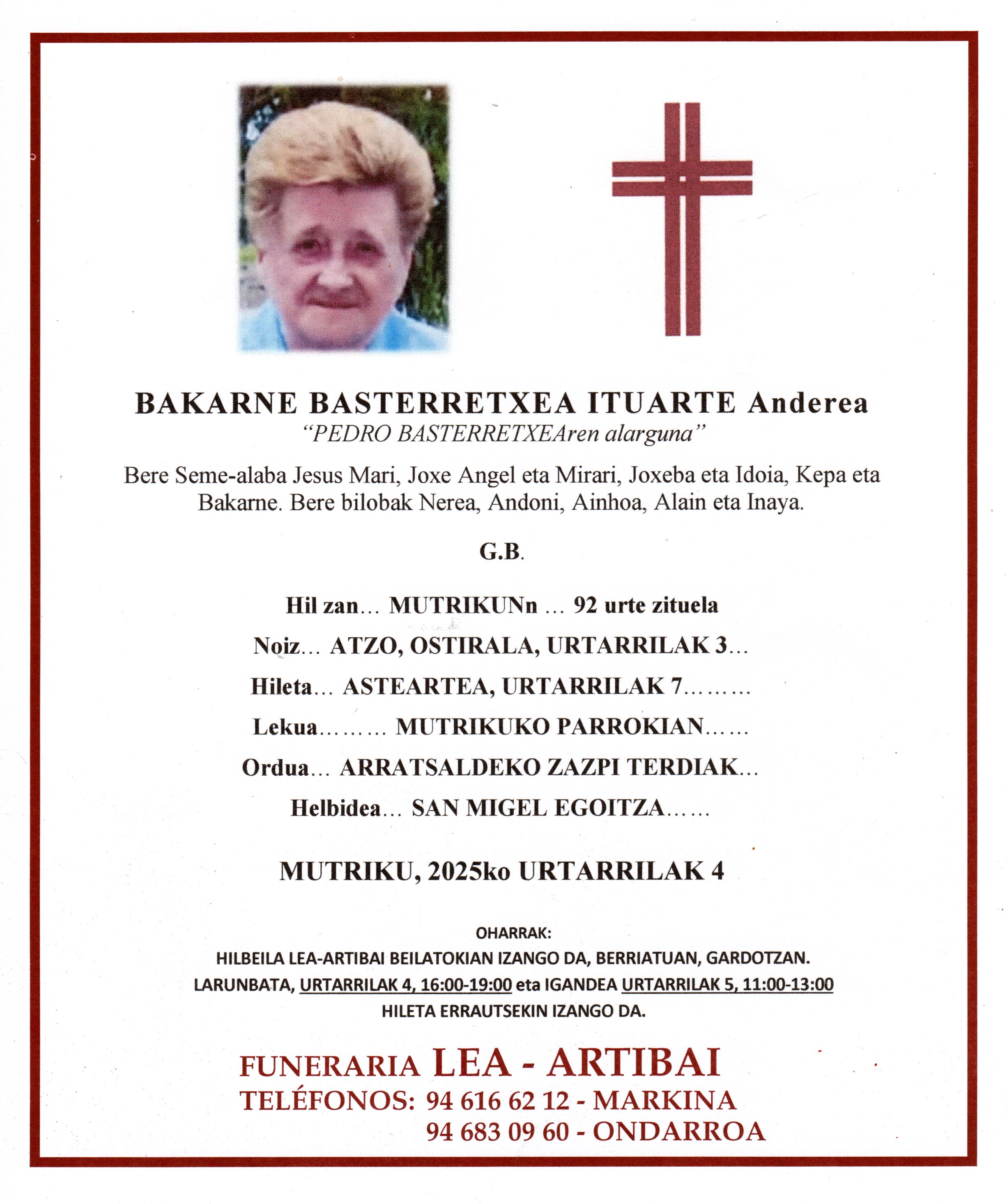 Esquela de Bakarne Basterretxea Ituarte