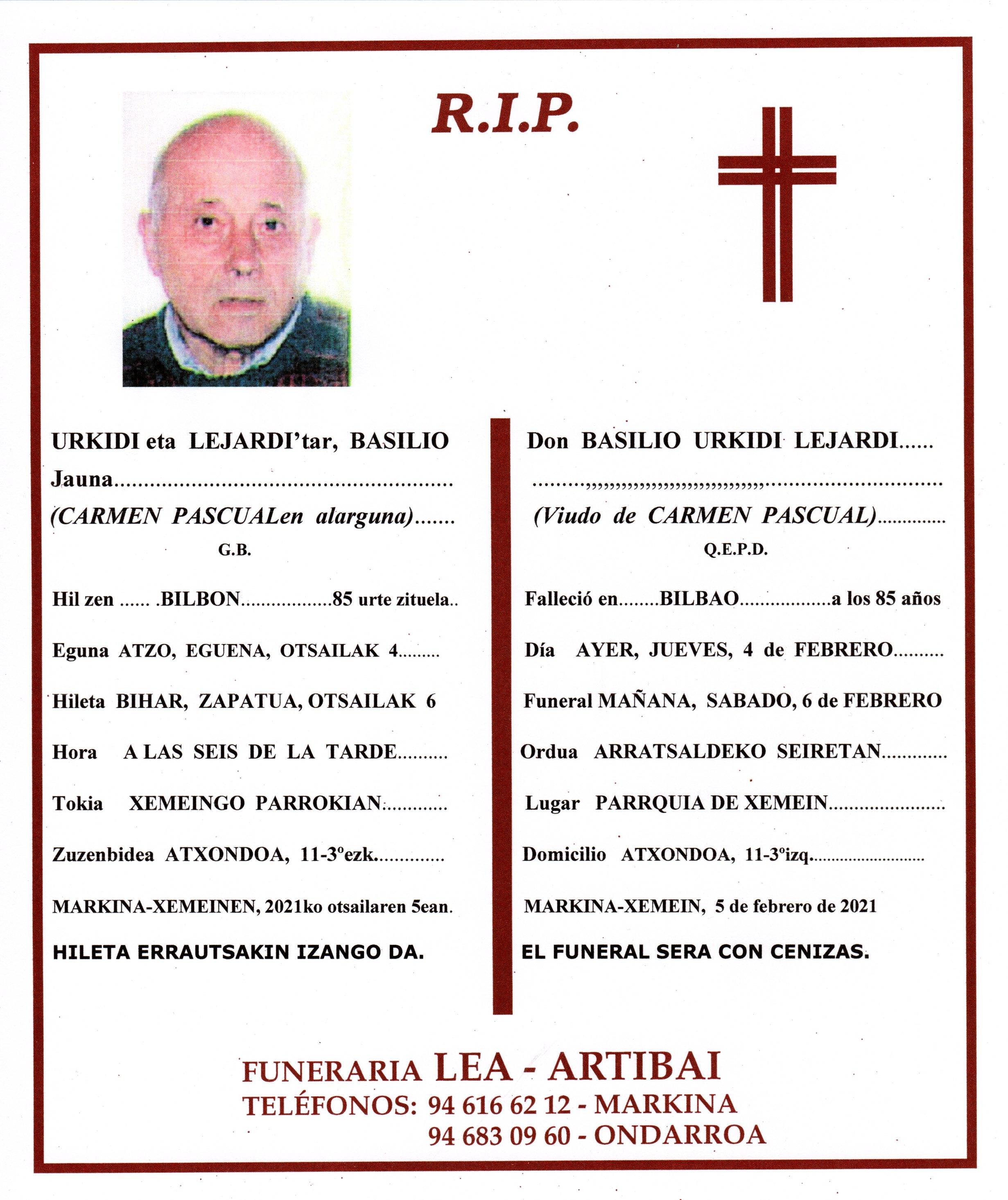 Esquela de Basilio Urkidi Lejardi