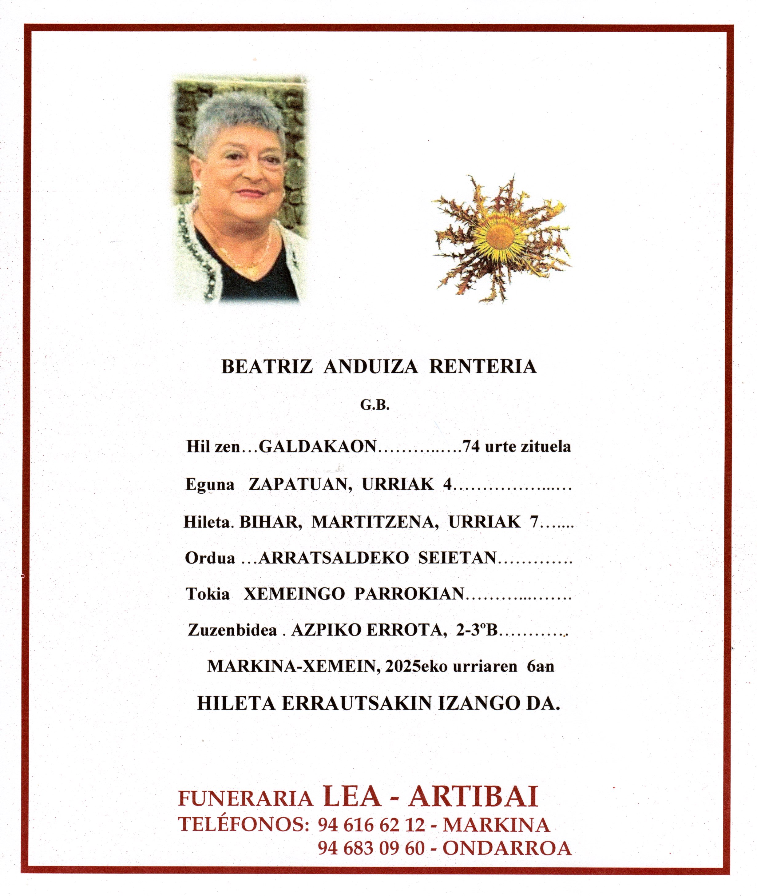 Esquela de Beatriz Anduiza Renteria