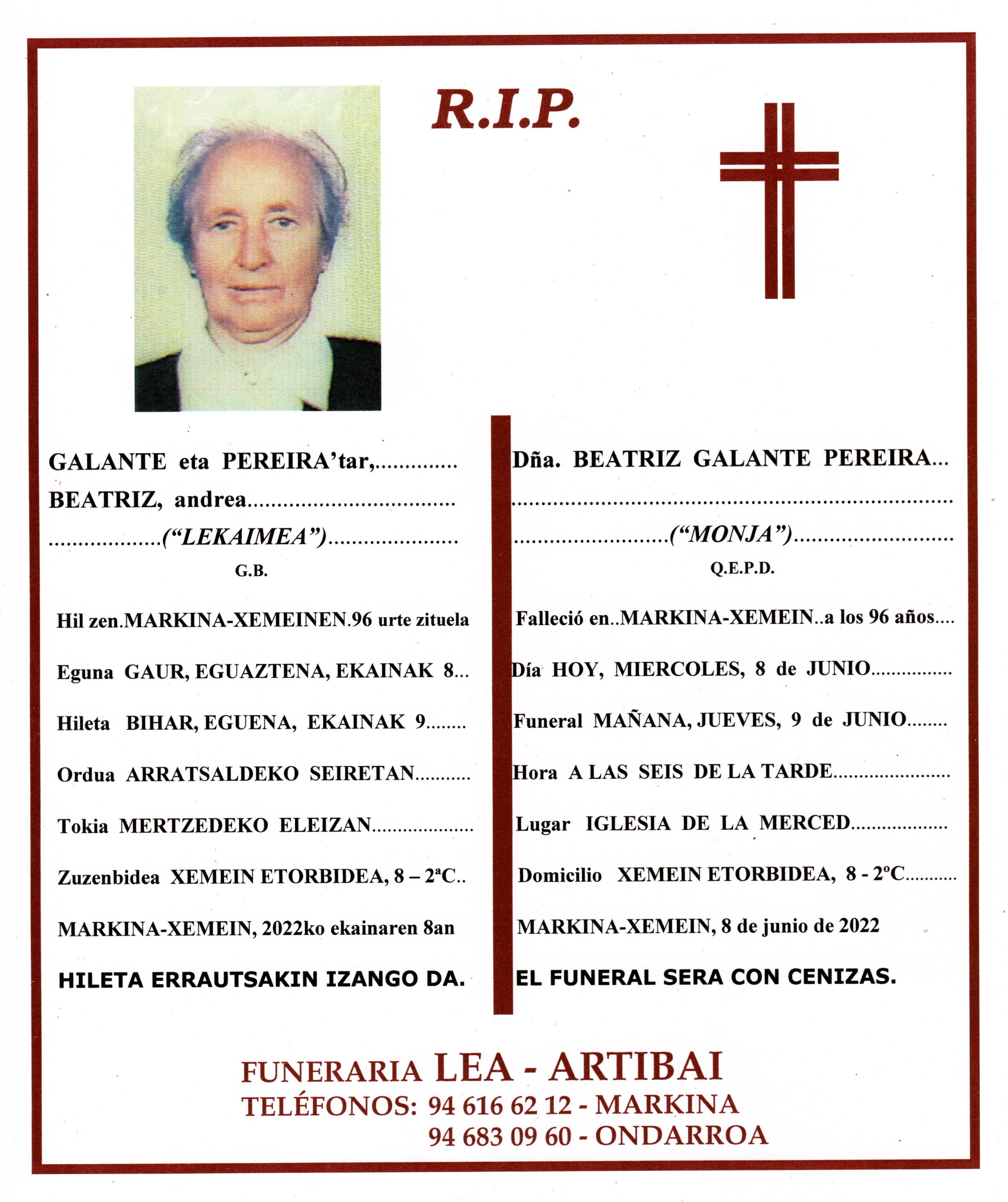 Esquela de Beatriz Galante Pereira