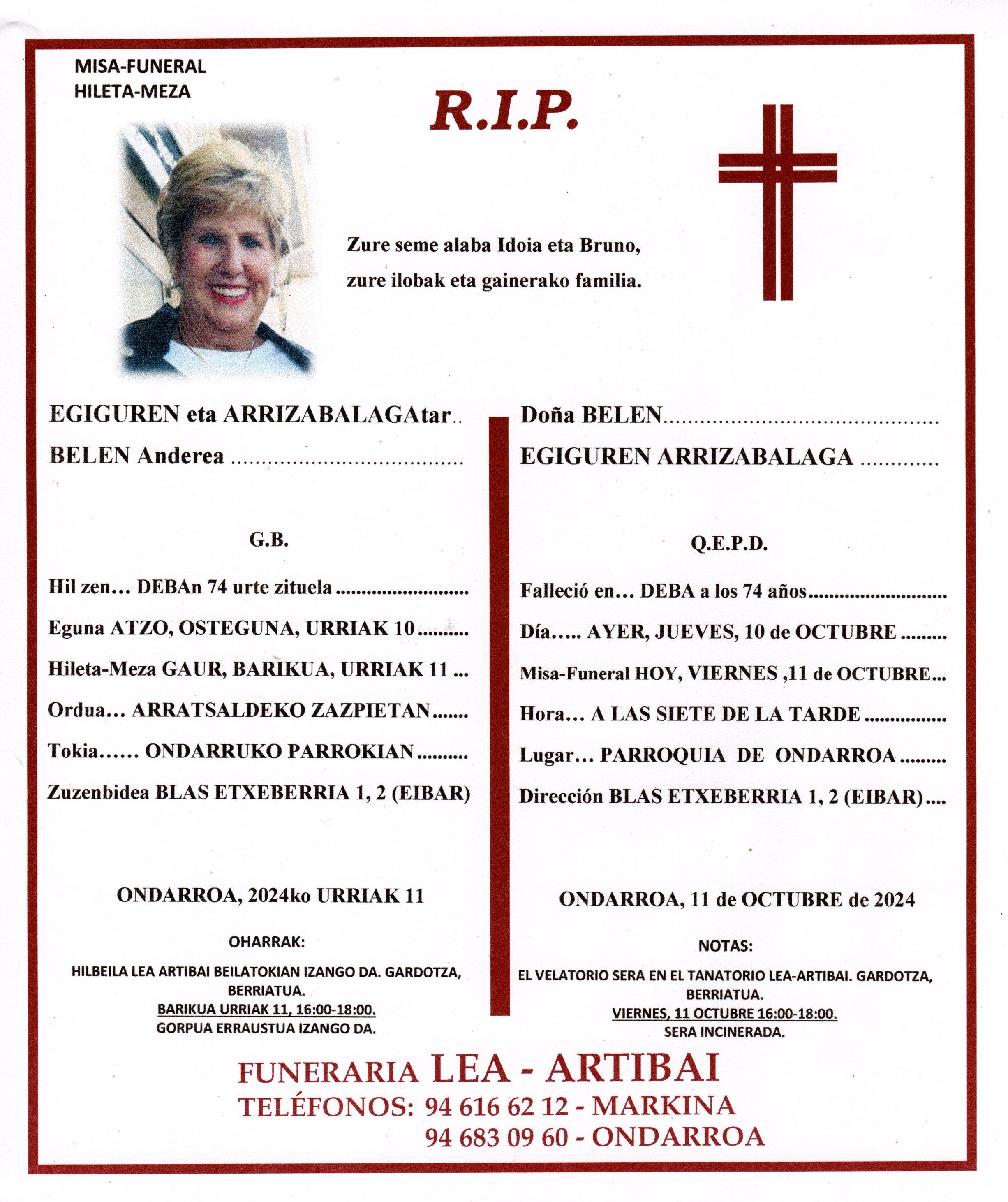 Esquela de Belen Egiguren Arrizabalaga