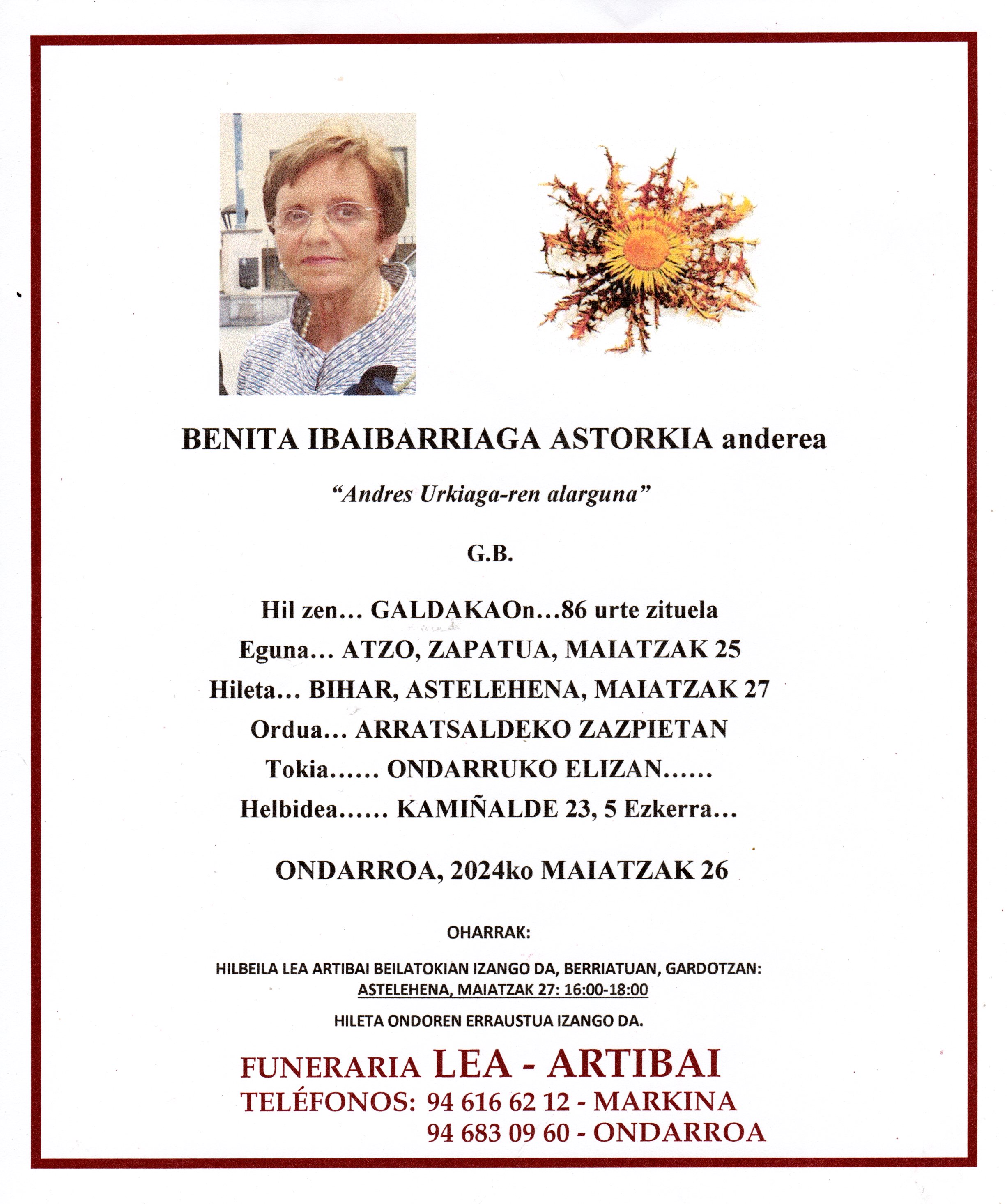 Esquela de Benita Ibaibarriaga Astorkia
