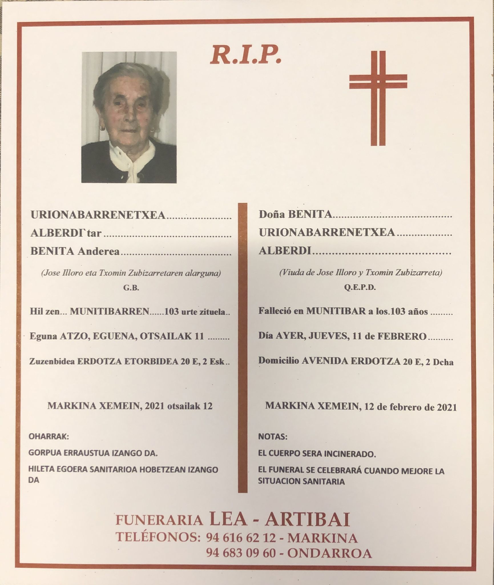 Esquela de Benita Urionabarrenechea Alberdi