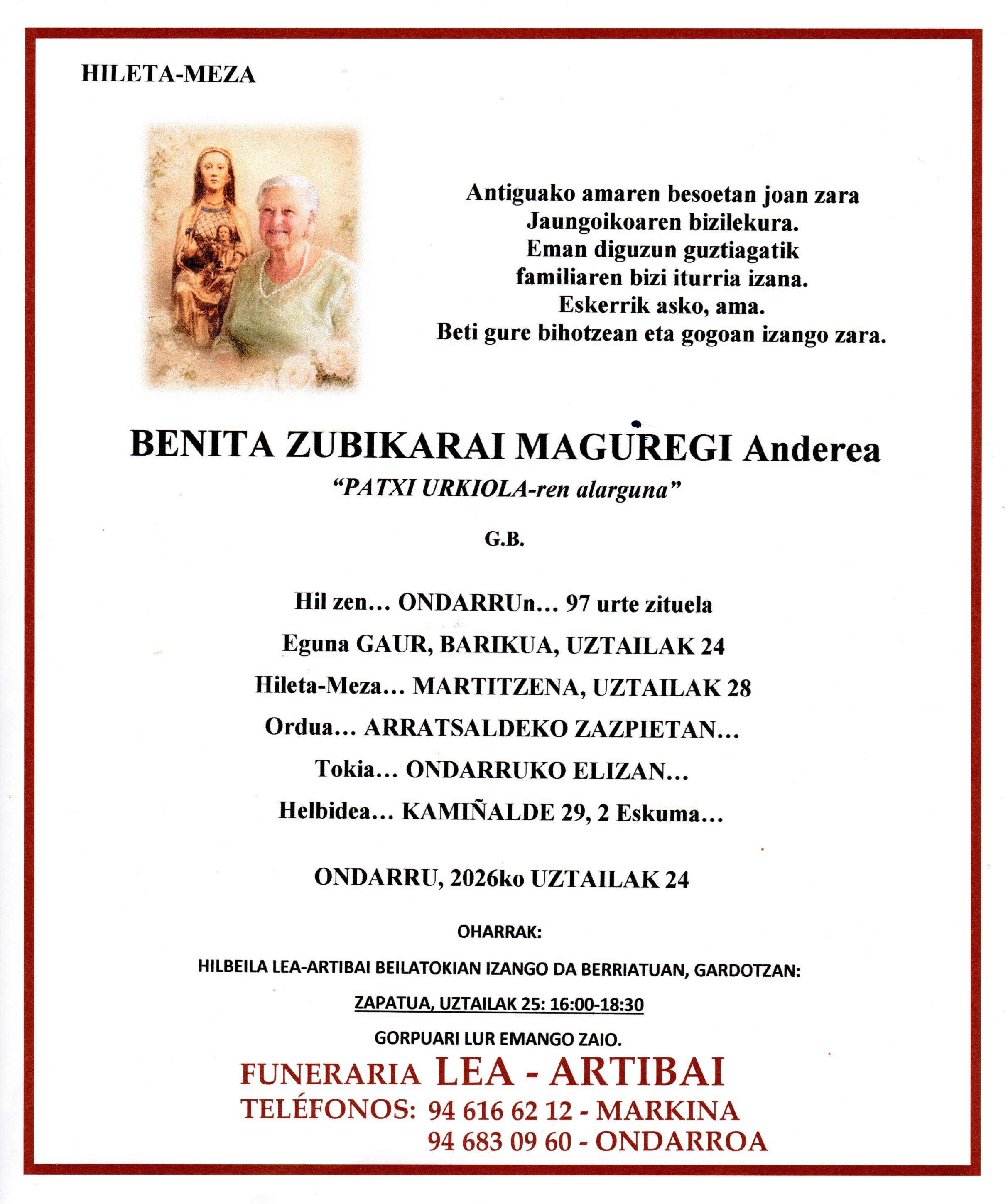 Esquela de Benita Zubikarai Maguregi