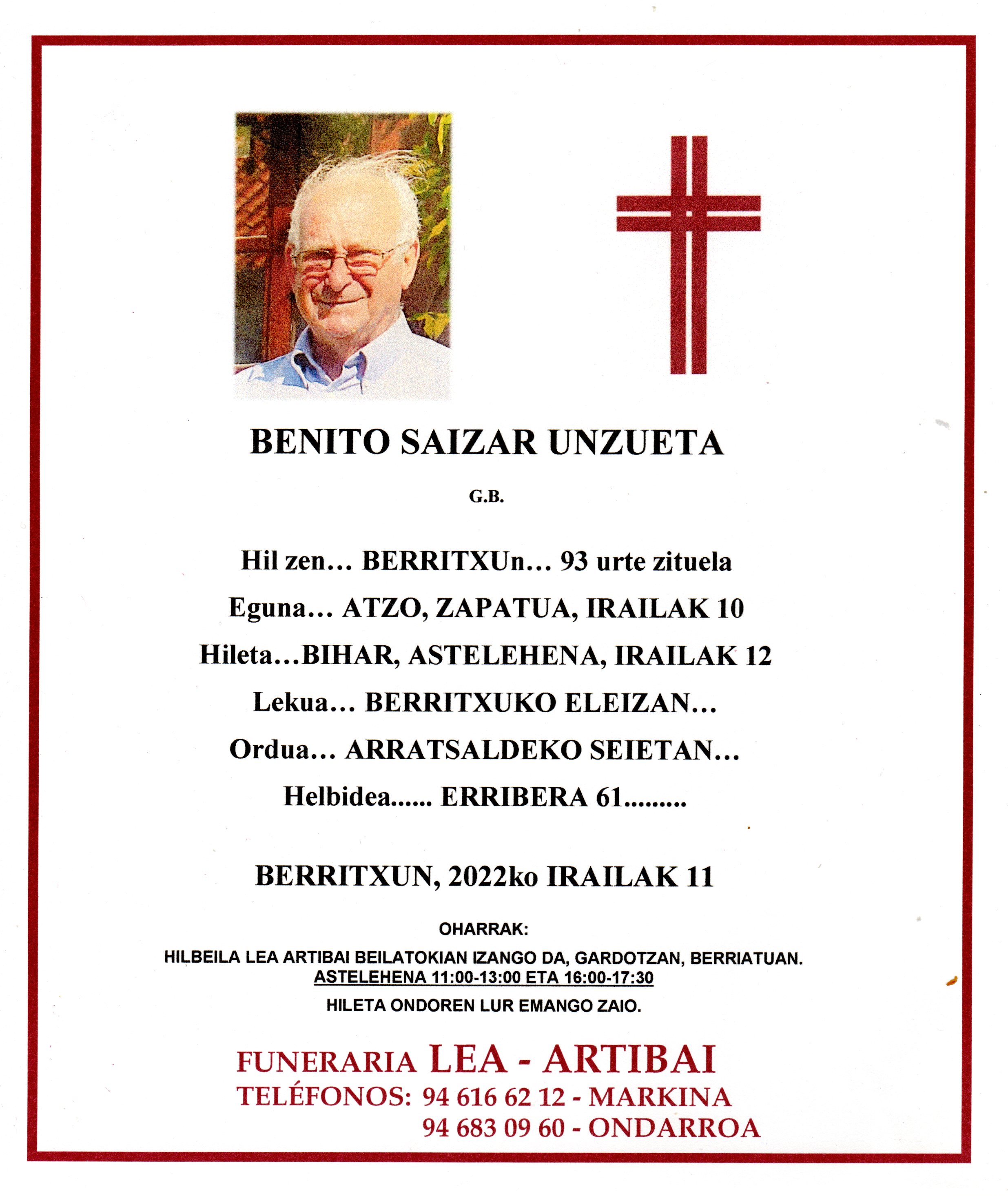 Esquela de Benito Saizar Unzueta