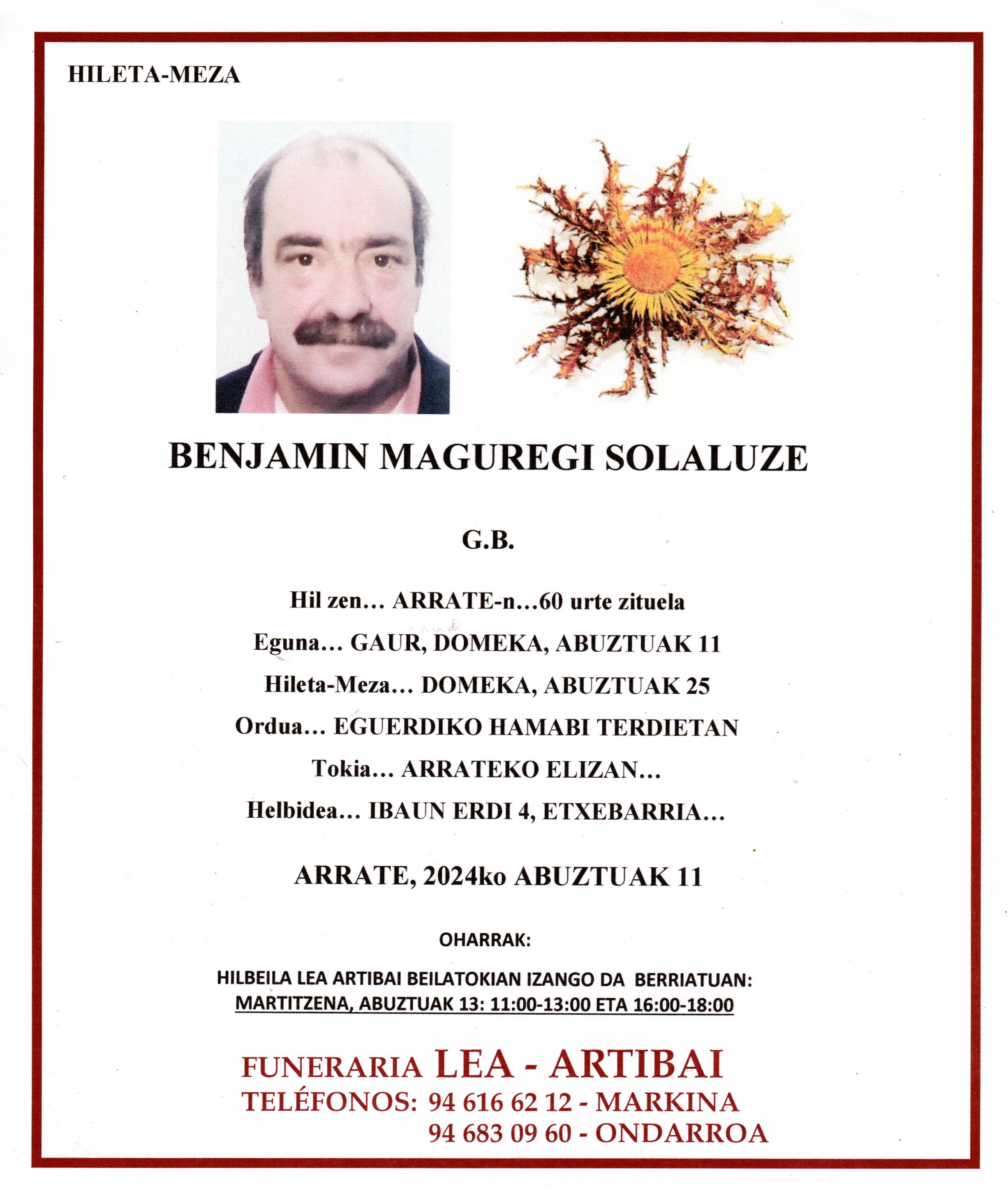 Esquela de Benjamin Maguregi Solaluze