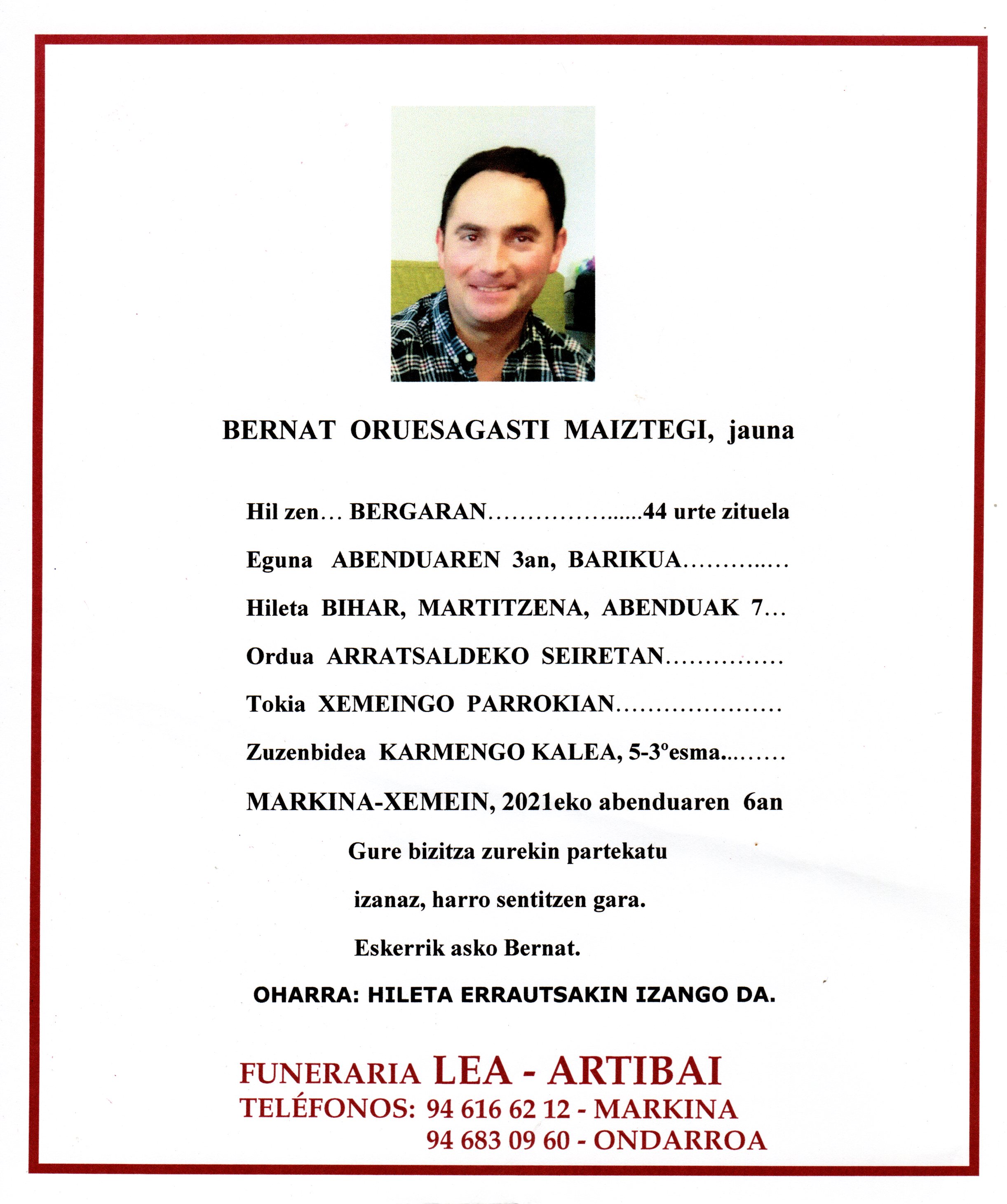 Esquela de Bernat Oruesagasti Maiztegi