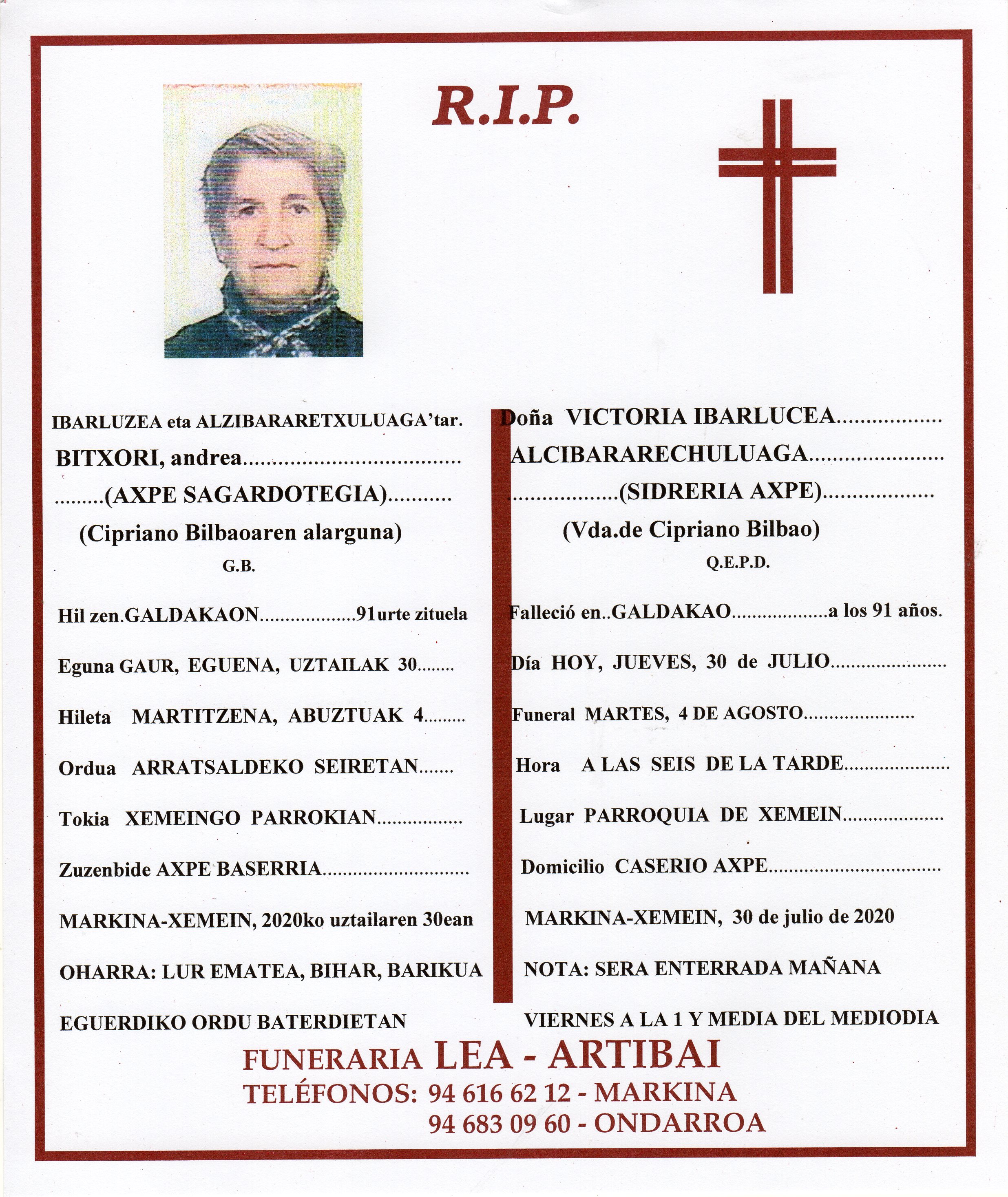 Esquela de Bitxori Ibarluzea Alzibararetxuluaga