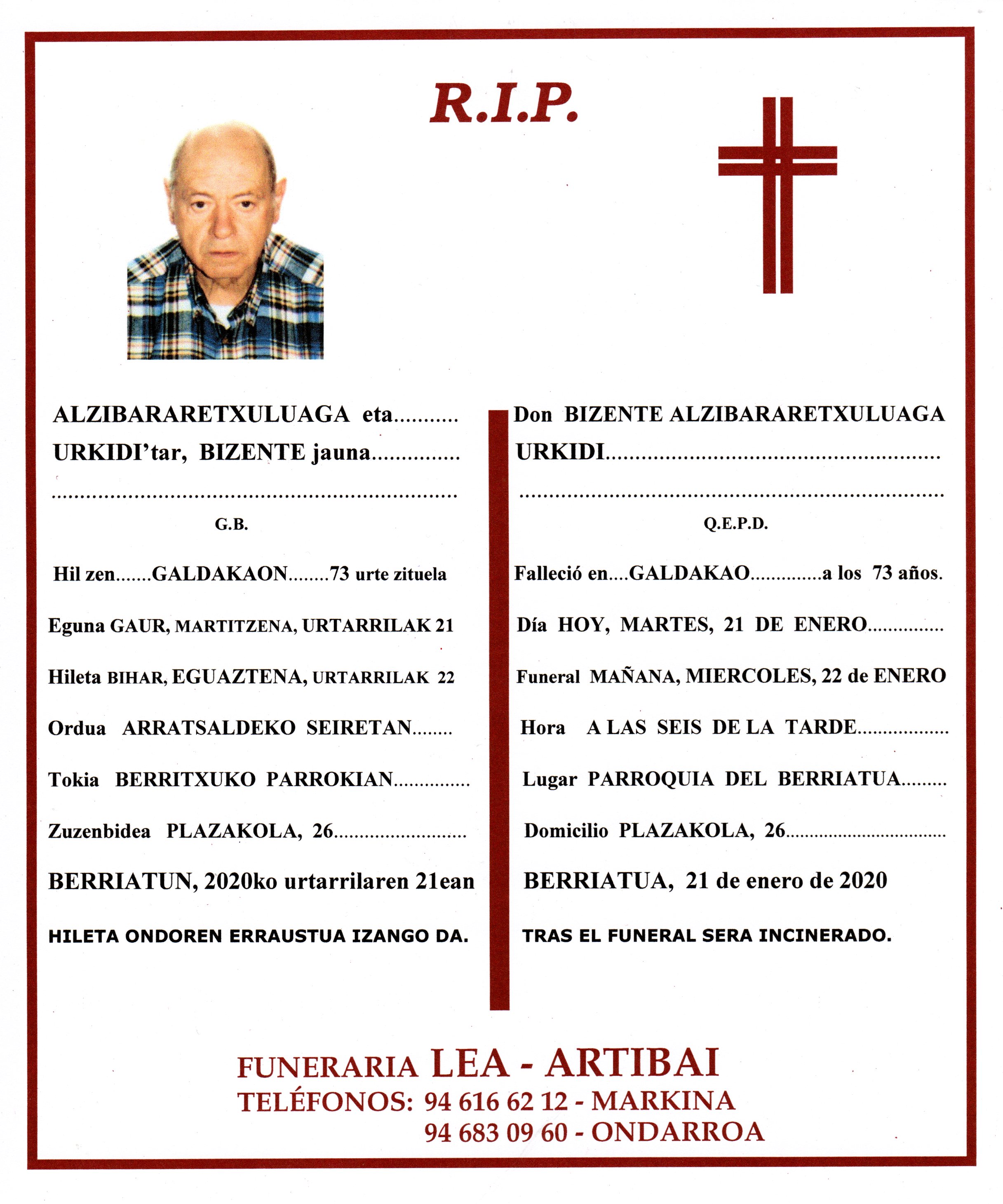 Esquela de Bizente Alzibararetxuluaga Urkidi