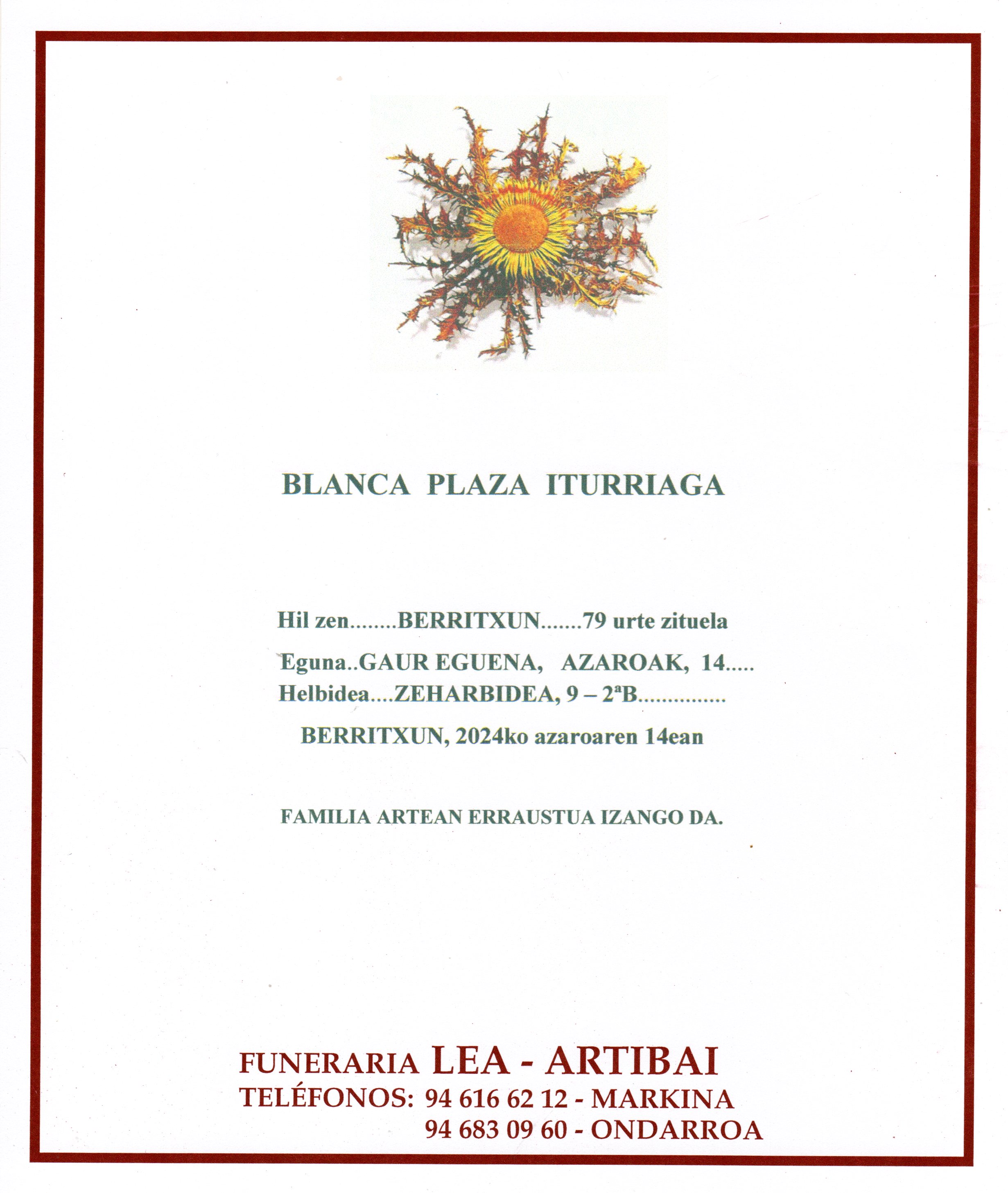 Esquela de Blanca Plaza Iturriaga