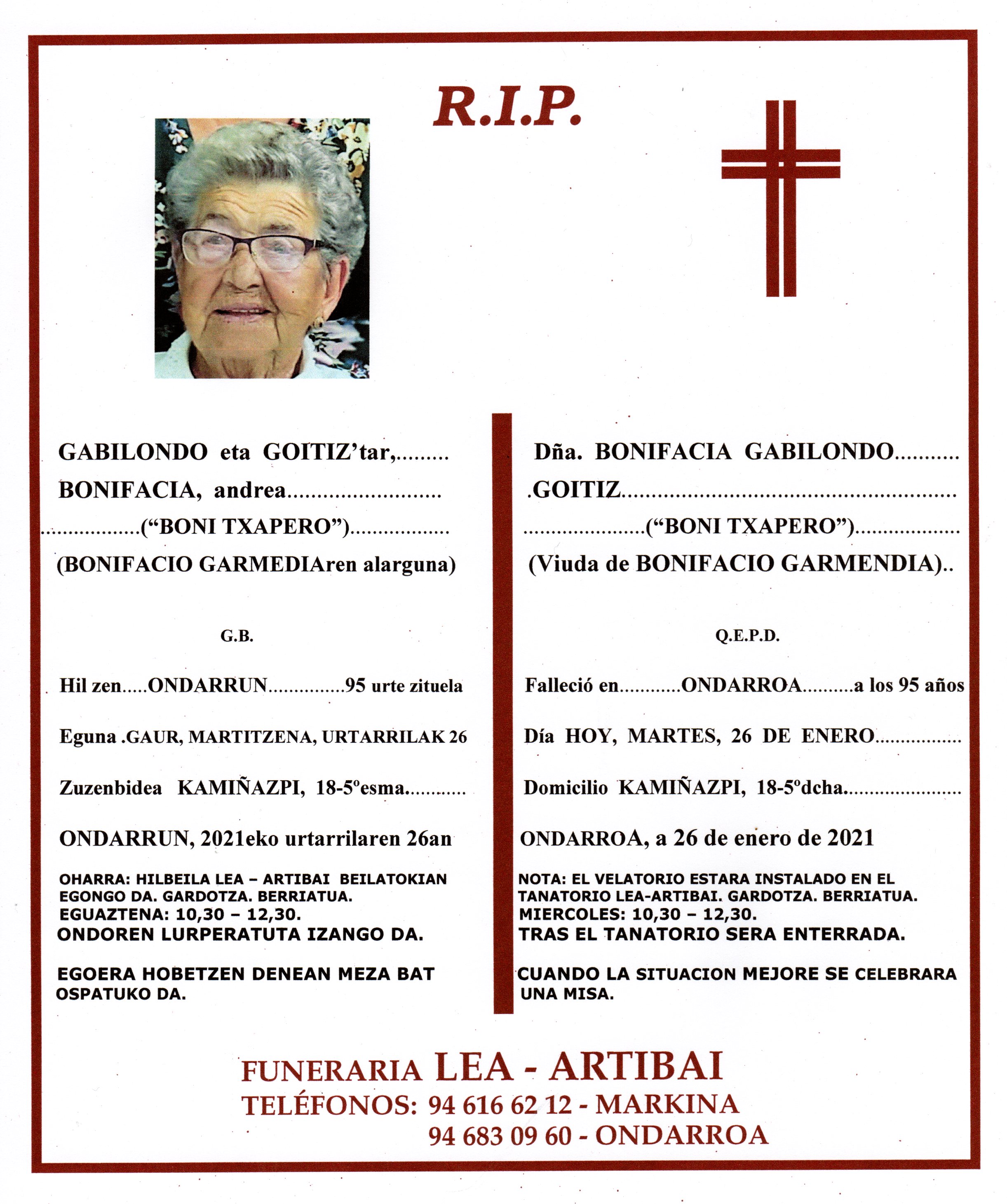 Esquela de Bonifacia Gabilondo Goitiz