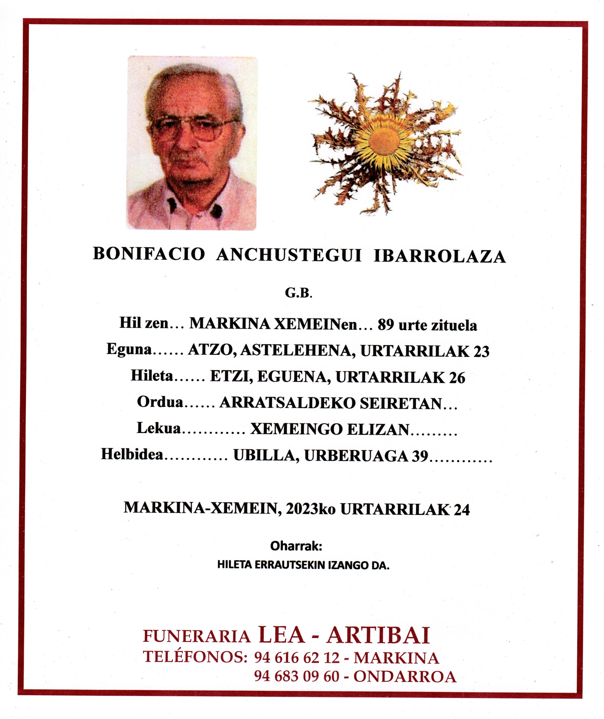 Esquela de Bonifacio Anchustegui Ibarrolaza
