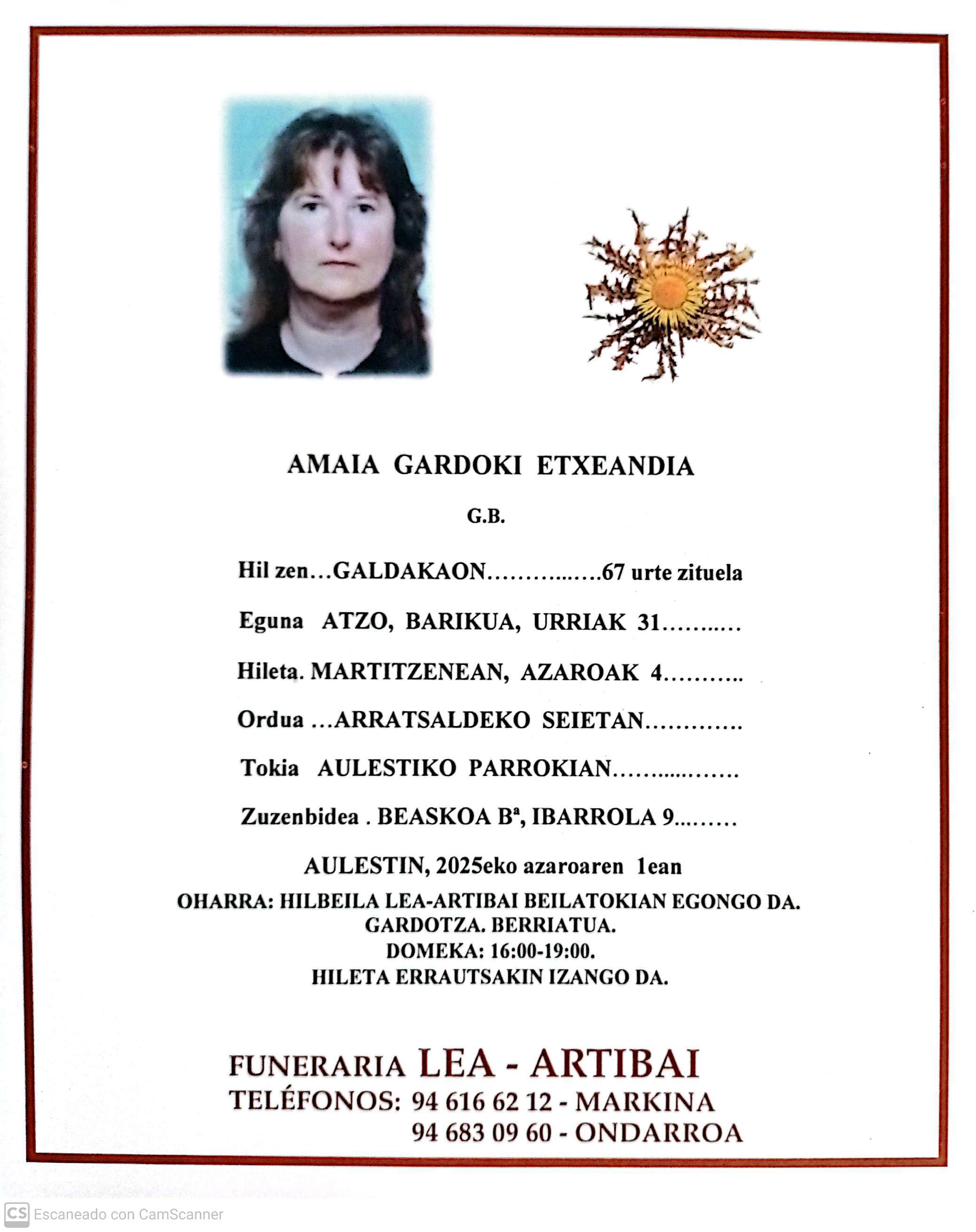 Esquela de Amaia Gardoki Etxeandia