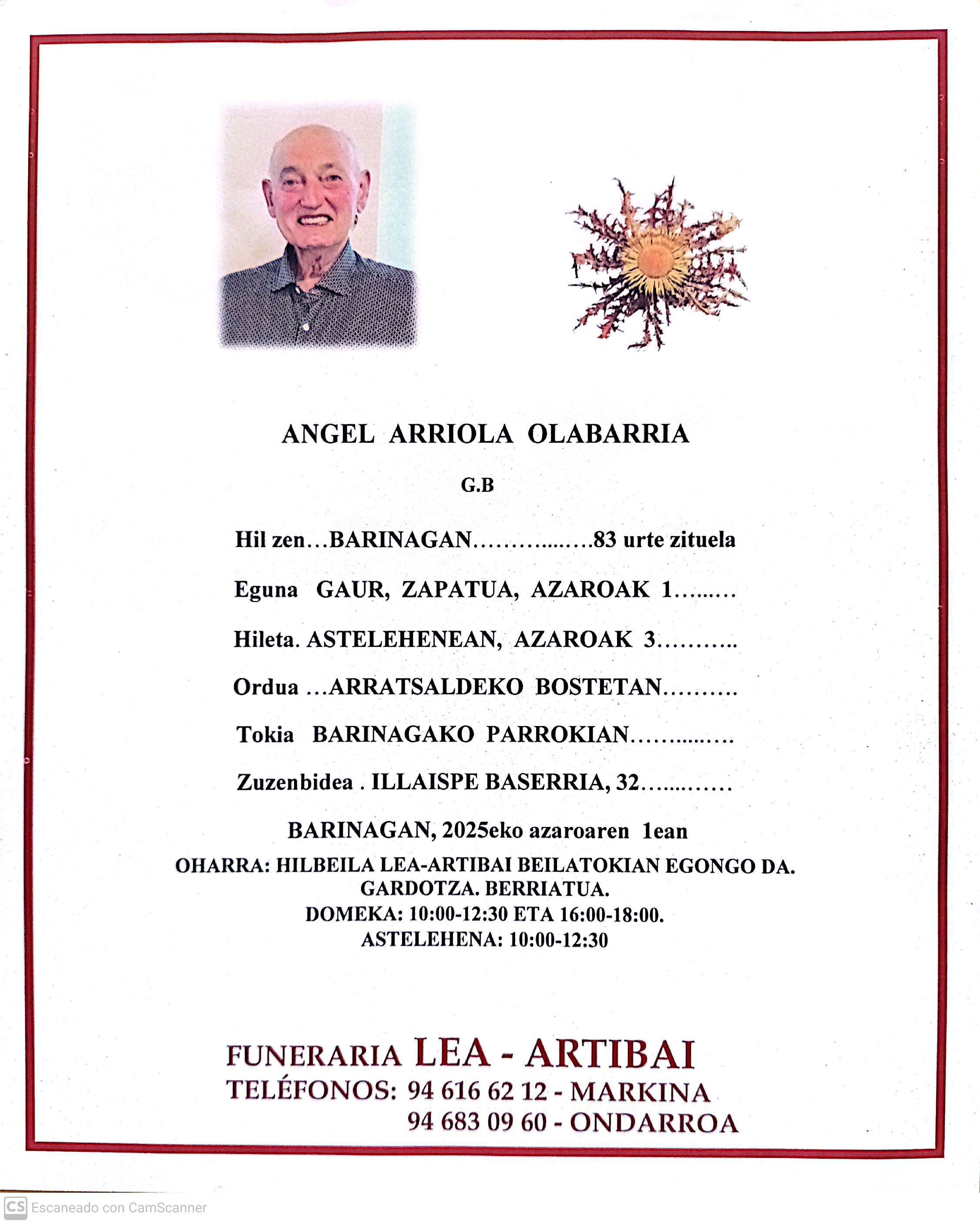 Esquela de Angel Arriola Olabarria