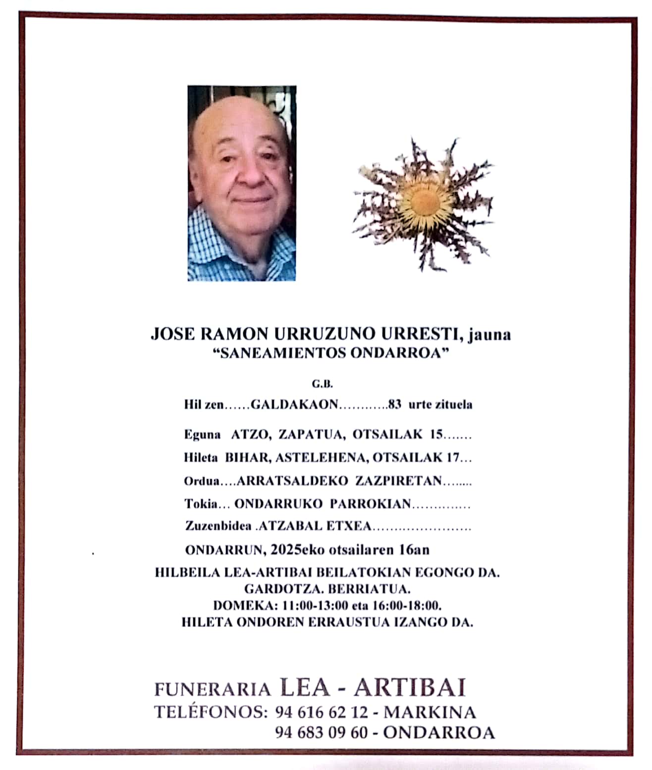Esquela de Jose Ramon Urruzuno Urresti