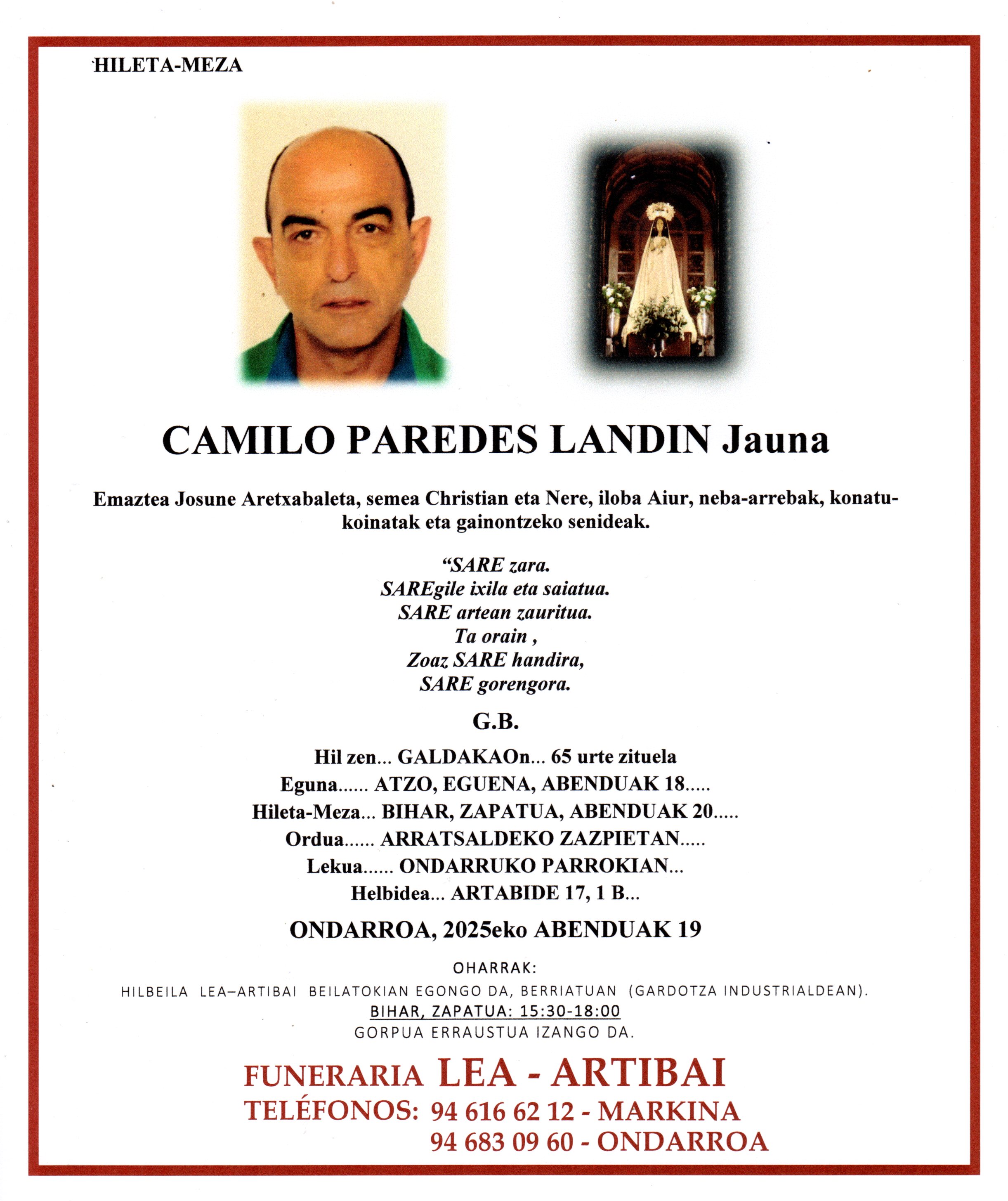 Esquela de Camilo Paredes Landin