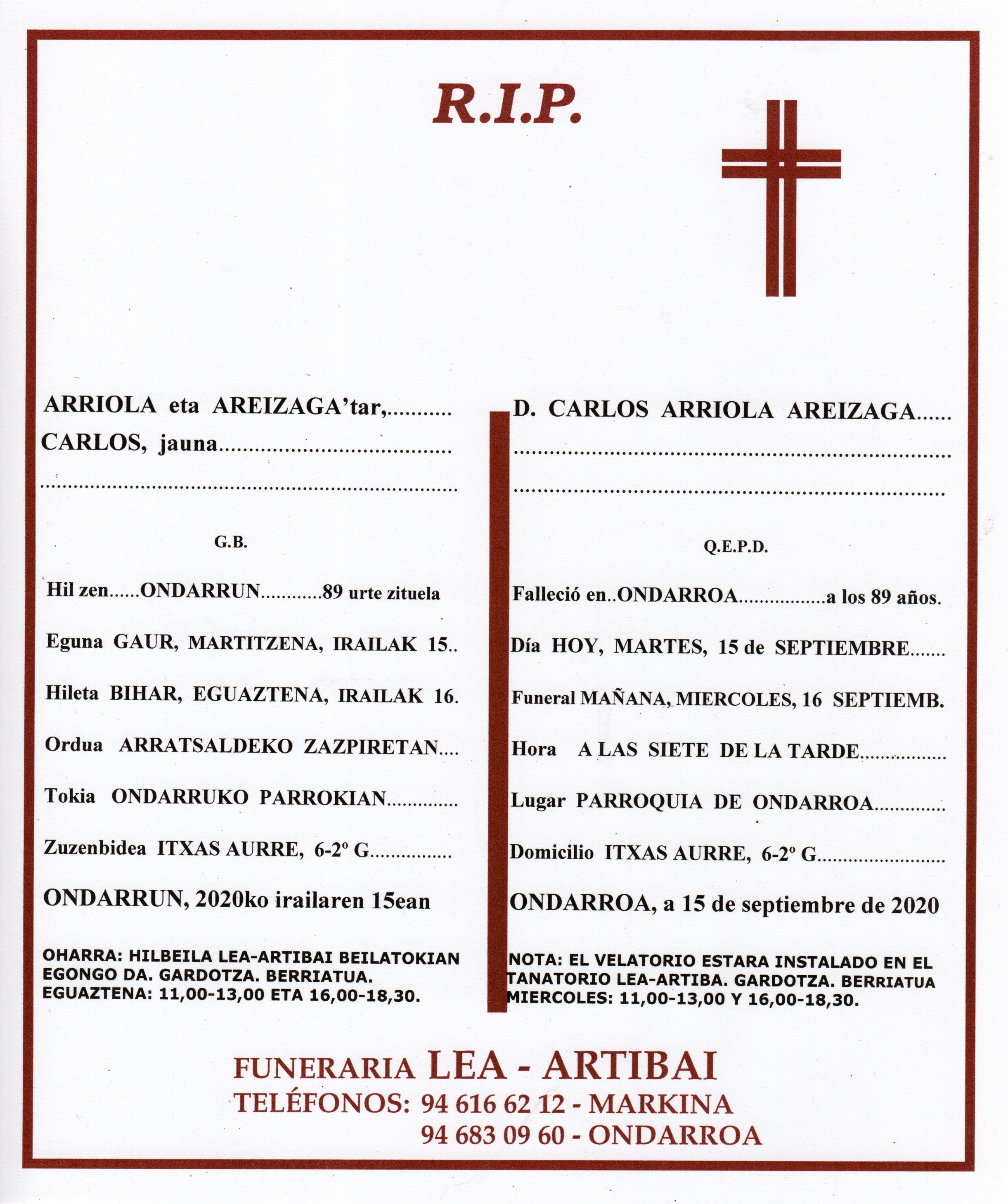 Esquela de Carlos Arriola Areizaga