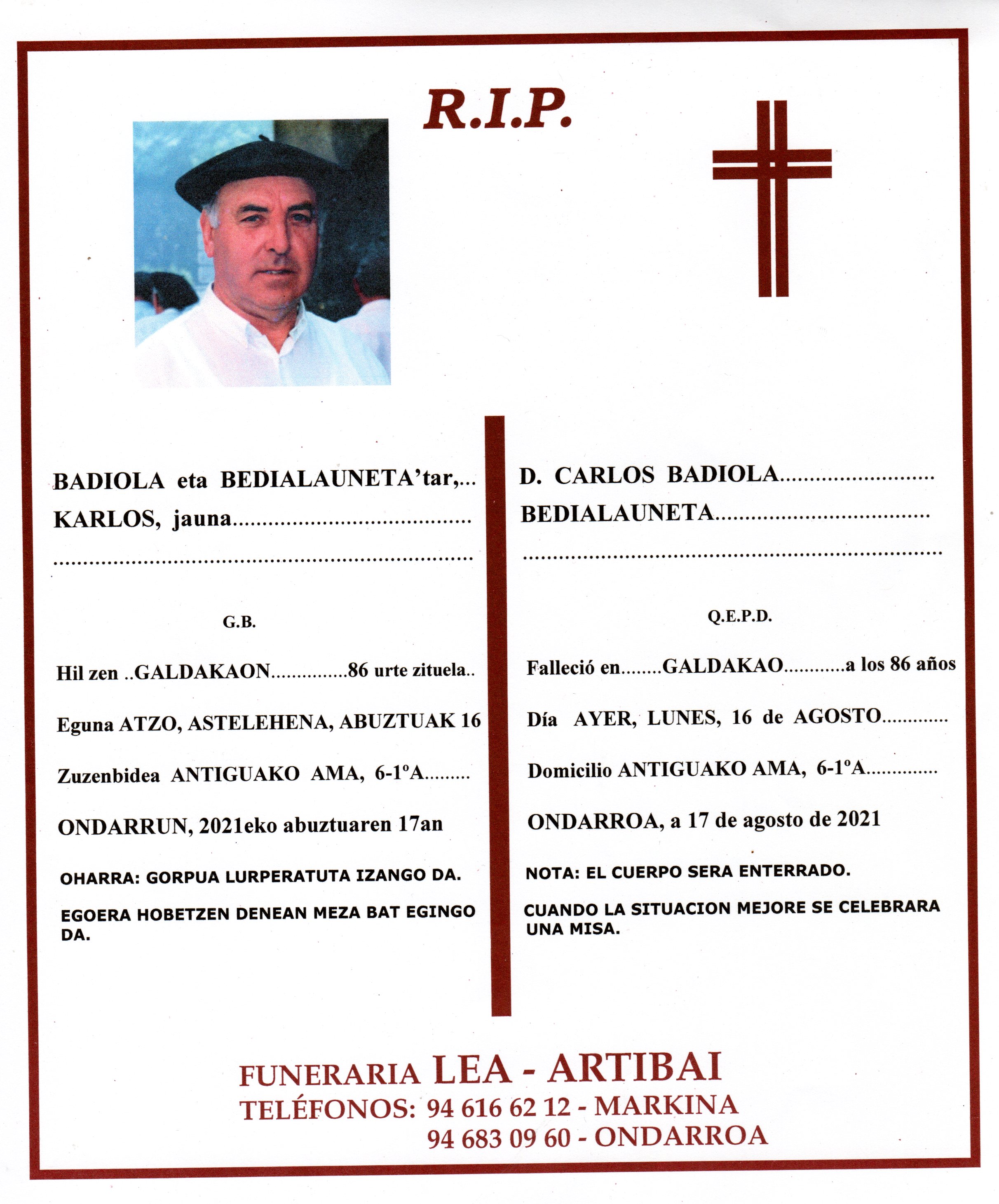 Esquela de Carlos Badiola Bedialauneta