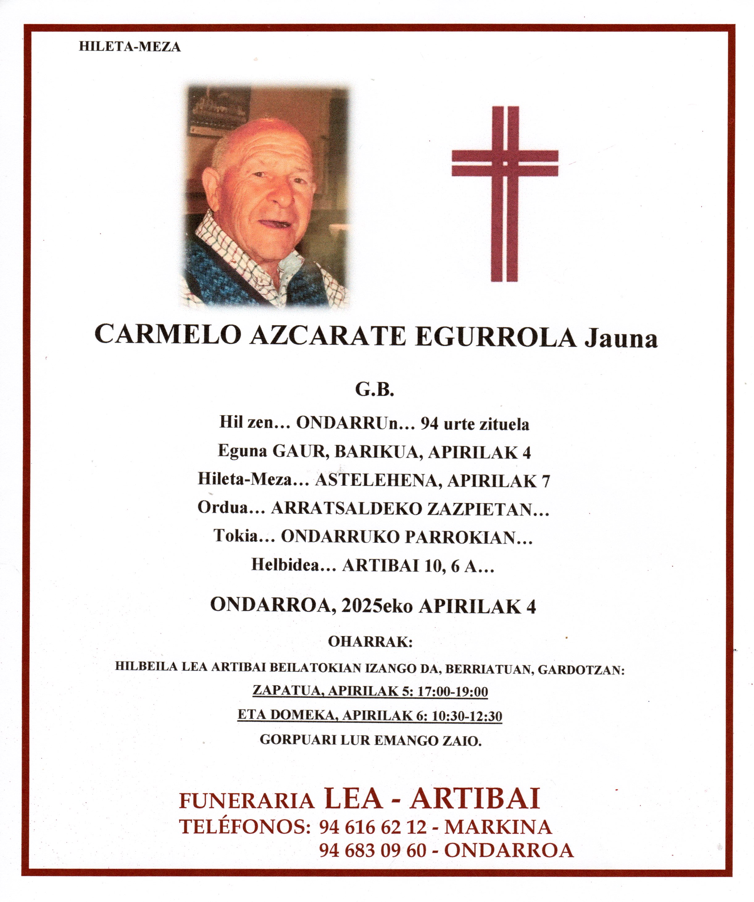 Esquela de Carmelo Azcarate Egurrola