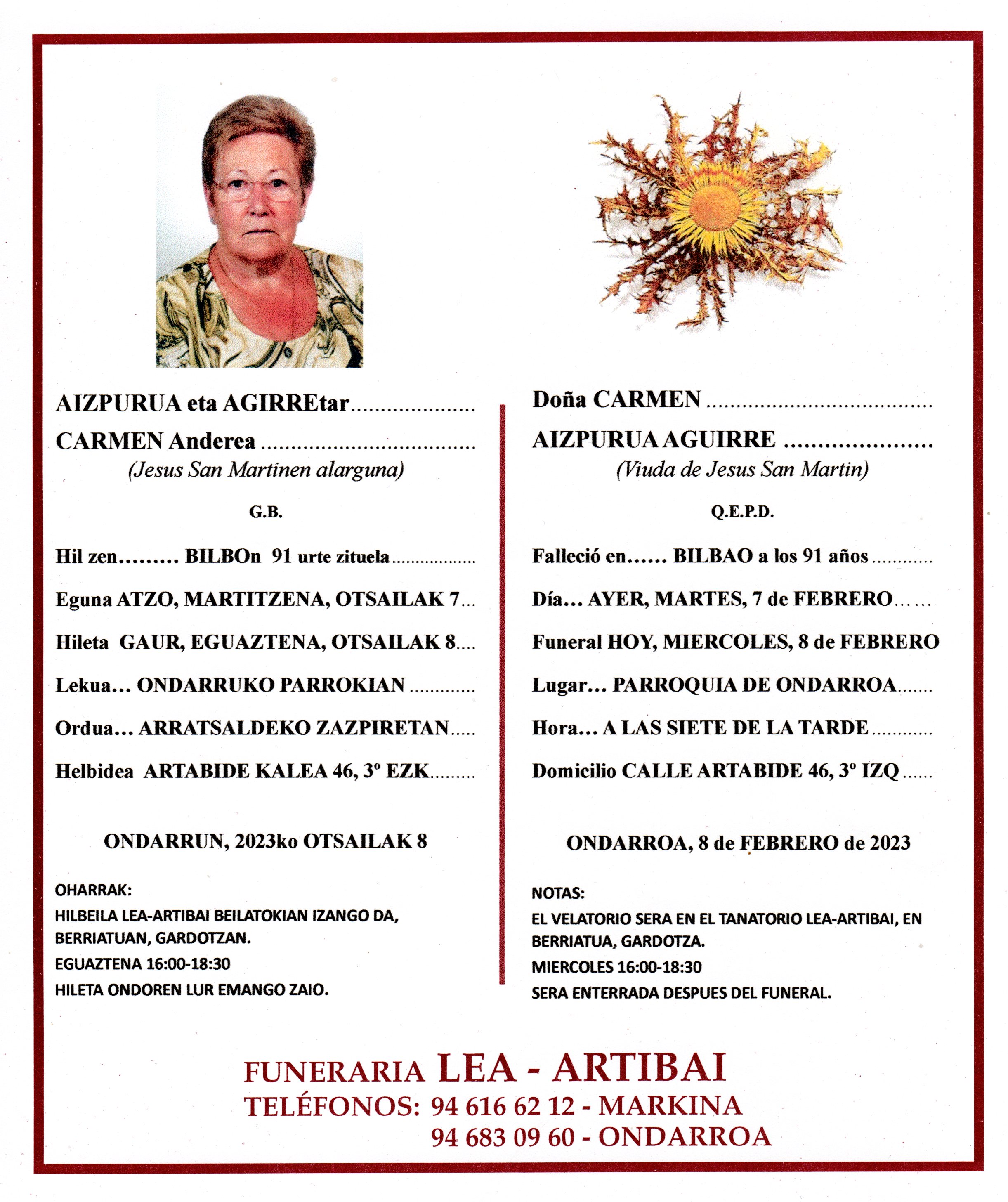 Esquela de Carmen Aizpurua Agirre