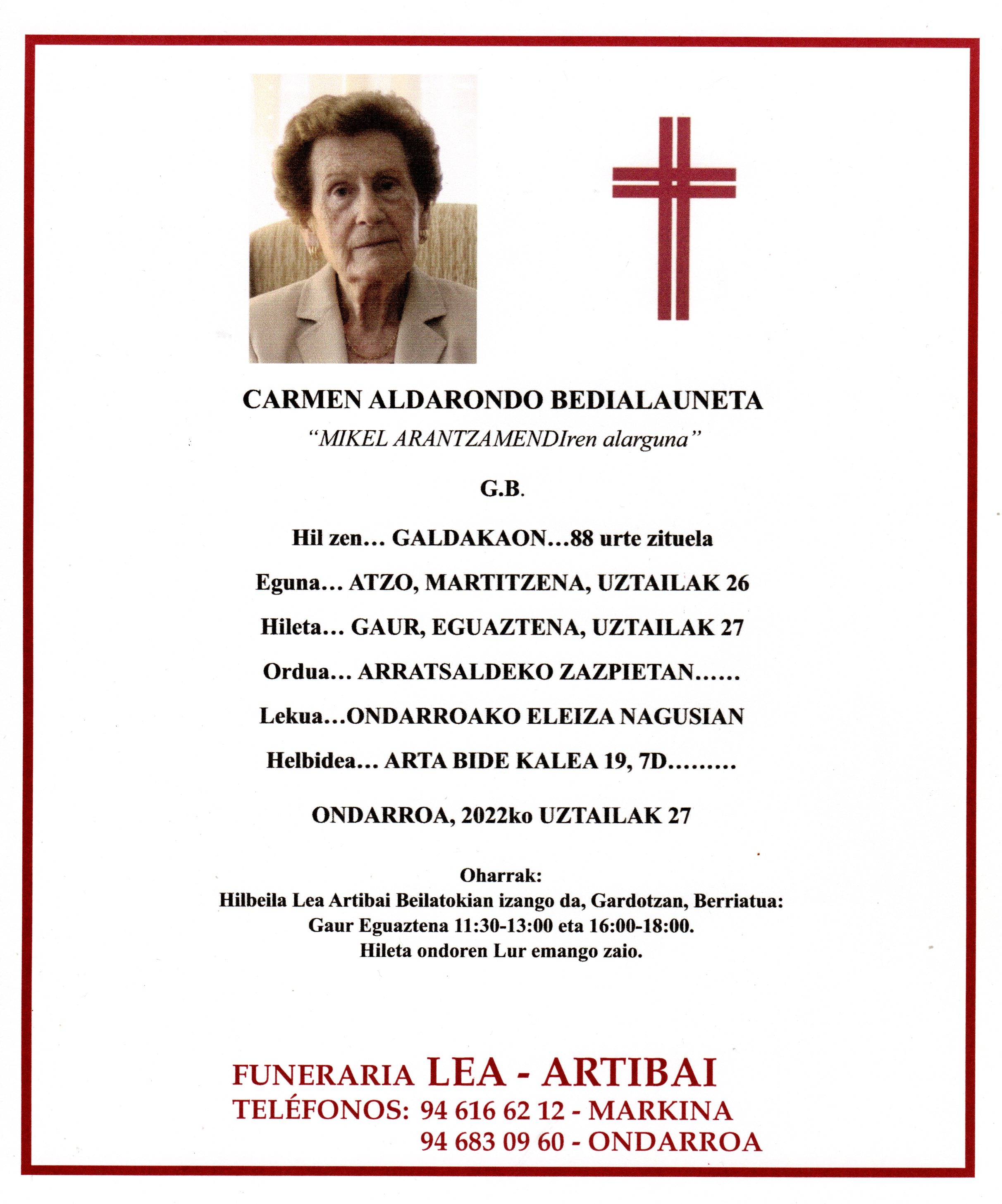 Esquela de Carmen Aldarondo Bedialauneta