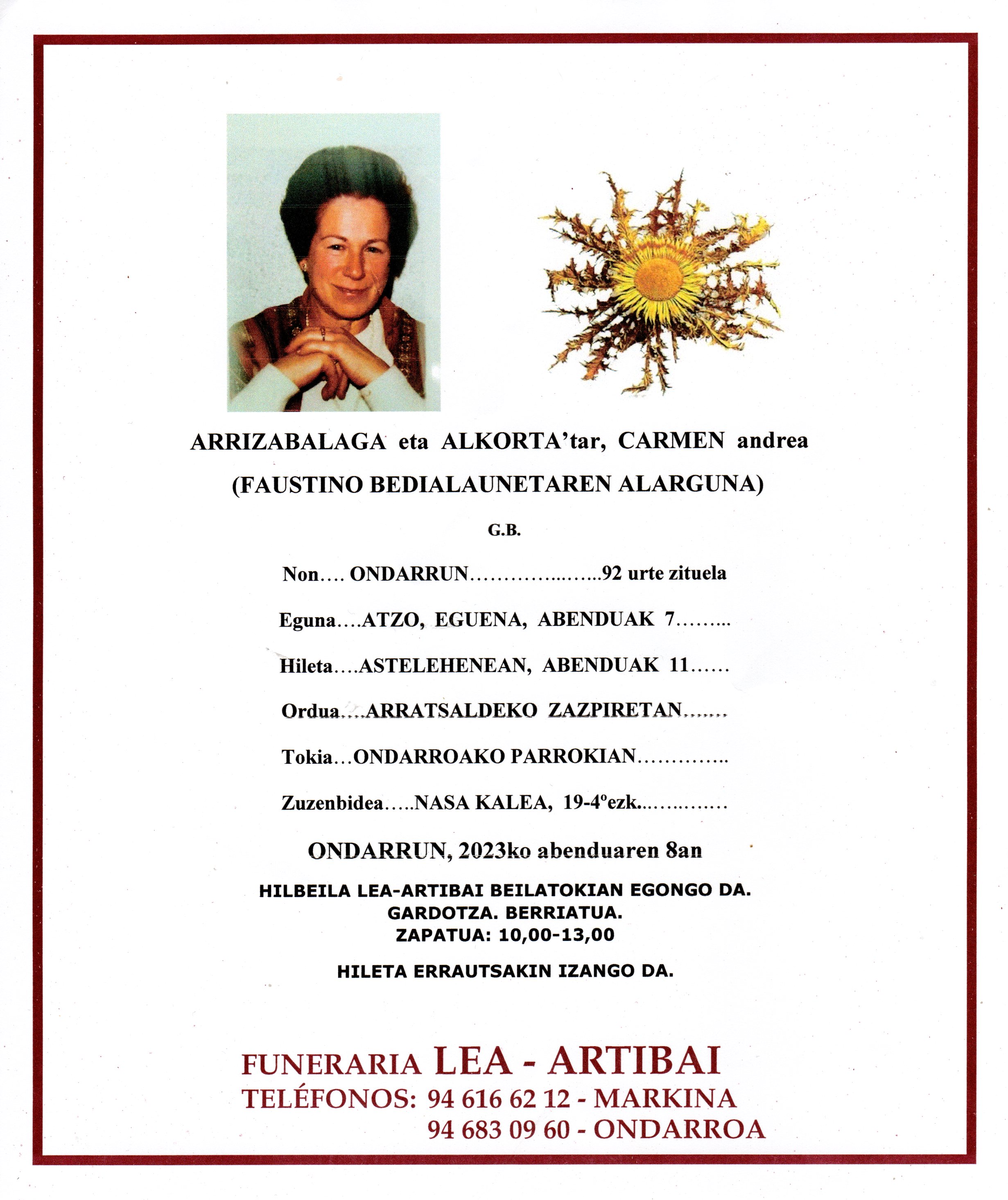 Esquela de Carmen Arrizabalaga Alkorta